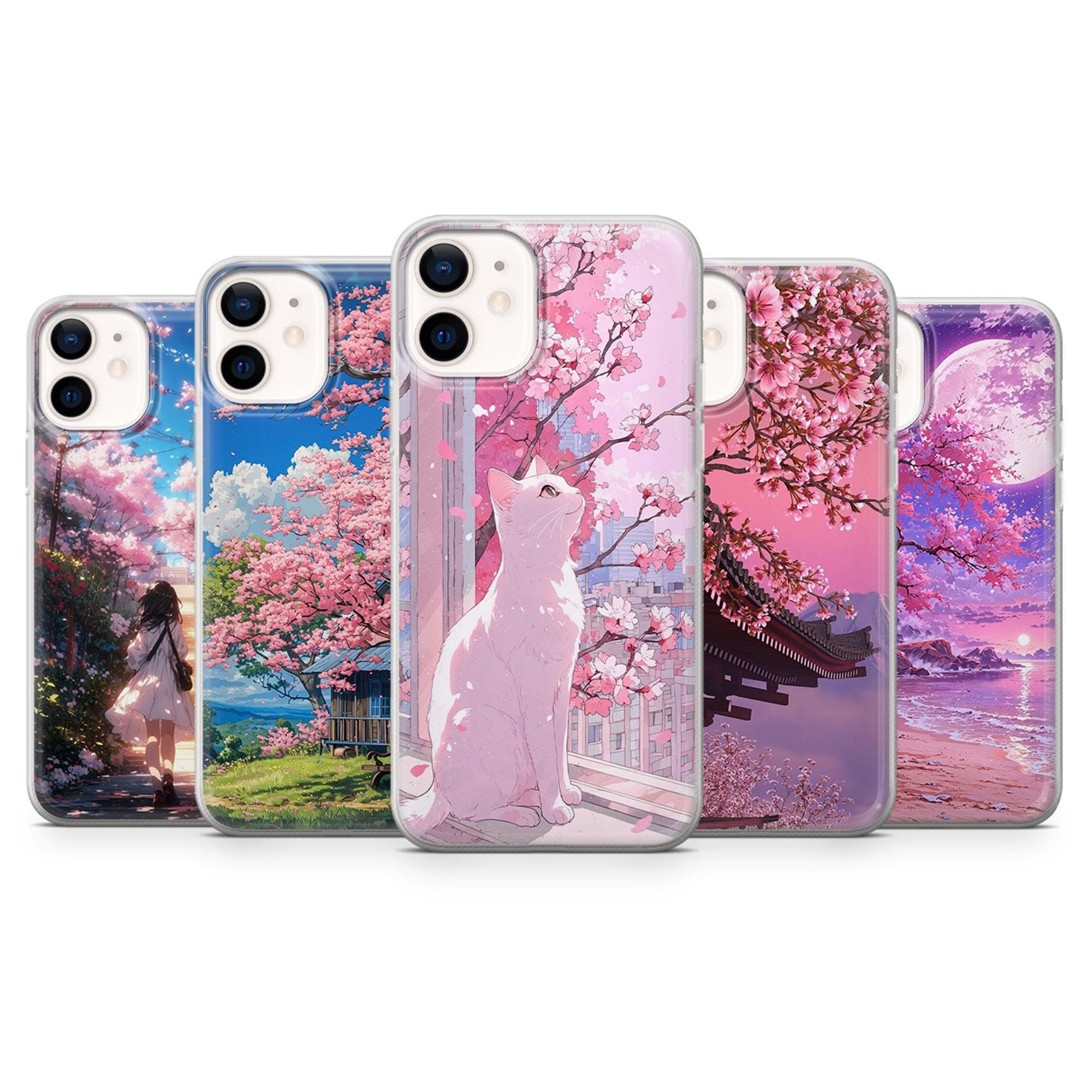 Cherry Blossom Phone Case Anime Sakura Lofi Cover for iPhone 17e, 16, 15, 14, 13, 12, Samsung S26, S25, A17, A57, Pixel 10A, 9A, 8