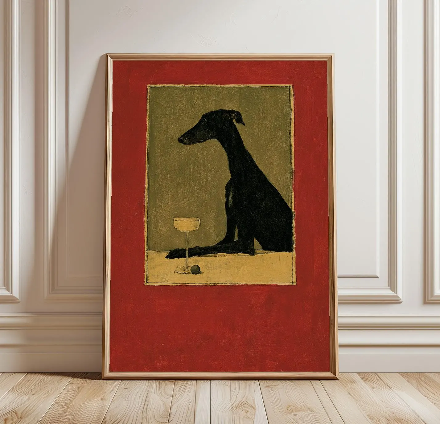 Black Dog Martini Wall Art | Greyhound Bar Cart Print | Mid Century Animal Decor | Sophisticated Pub Illustration