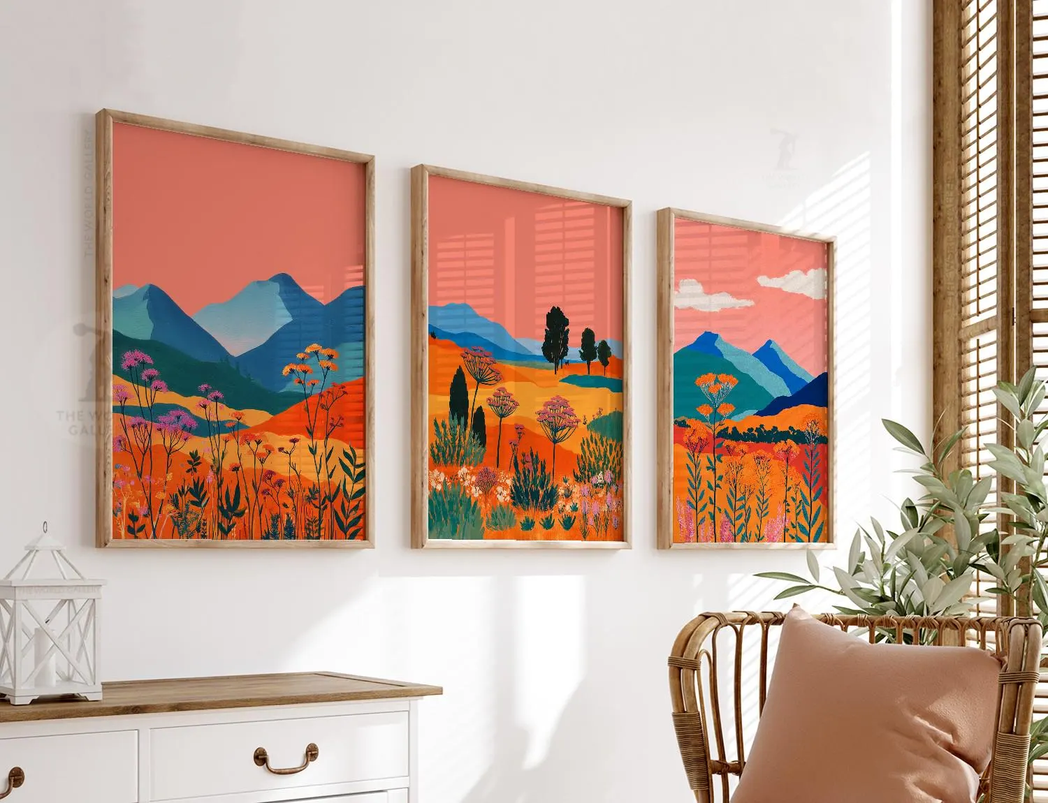 Set Of 3 Posters | Vibrant Mountain Landscape Print | Colorful Wildflower Artwork | Modern Boho Wall Decor | Sunset Nature Gallery Wall - mockup image 2