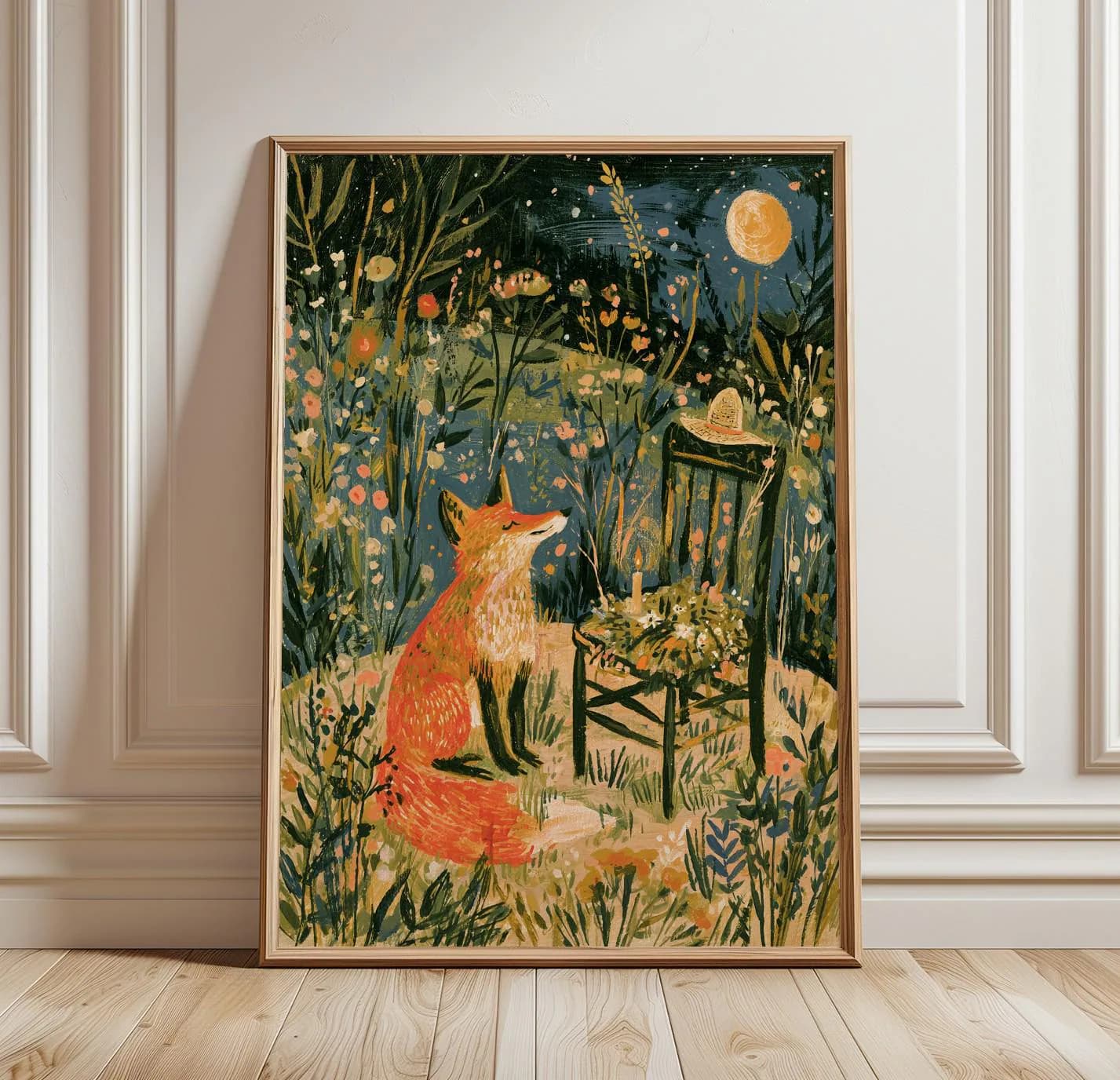 Fox Meadow Wall Art | Moody Night Landscape Print | Folklore Illustration