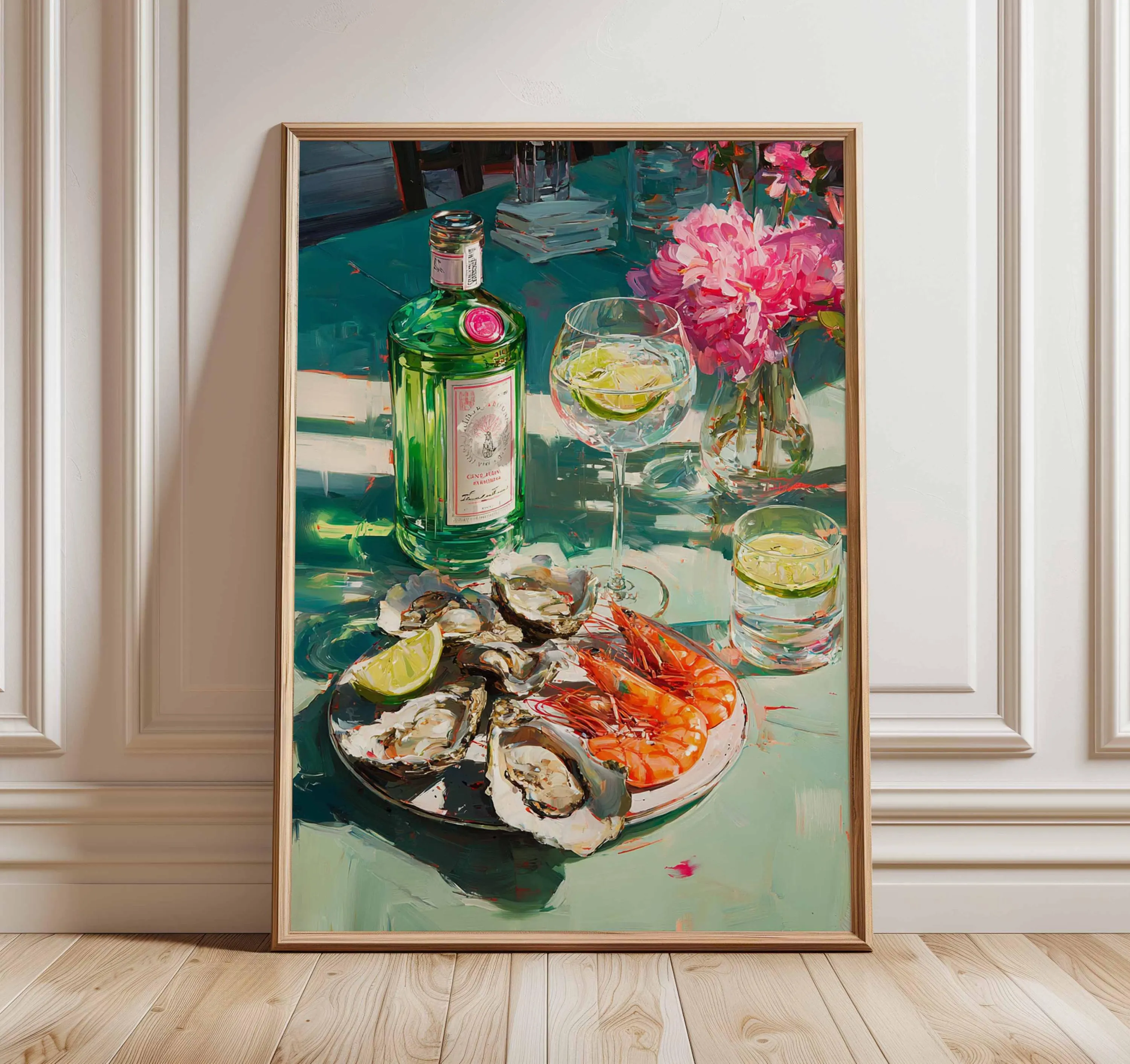 Seafood and Gin Still Life Art Print, Coastal Dining Poster