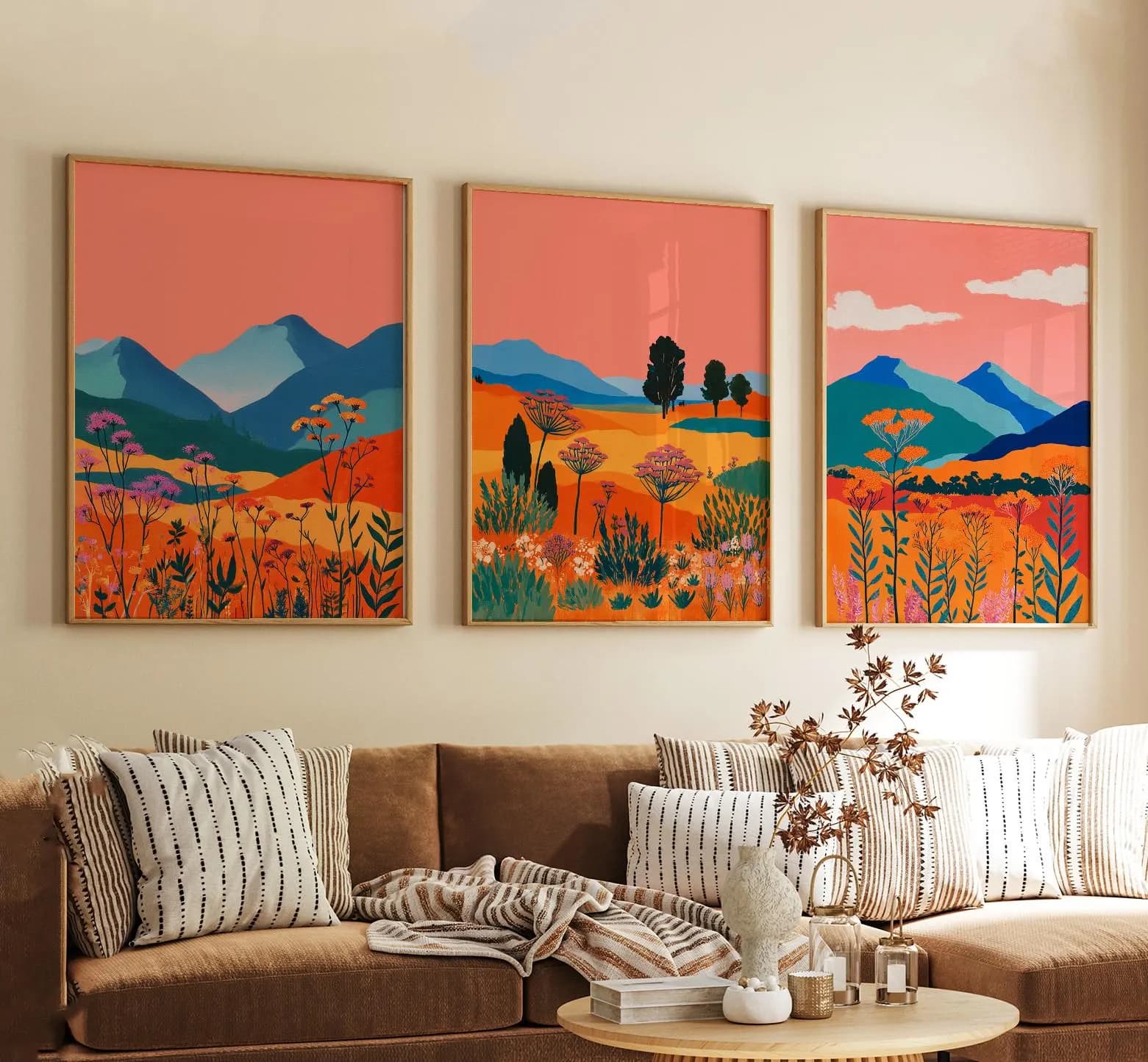 Set Of 3 Posters | Vibrant Mountain Landscape Print | Colorful Wildflower Artwork | Modern Boho Wall Decor | Sunset Nature Gallery Wall