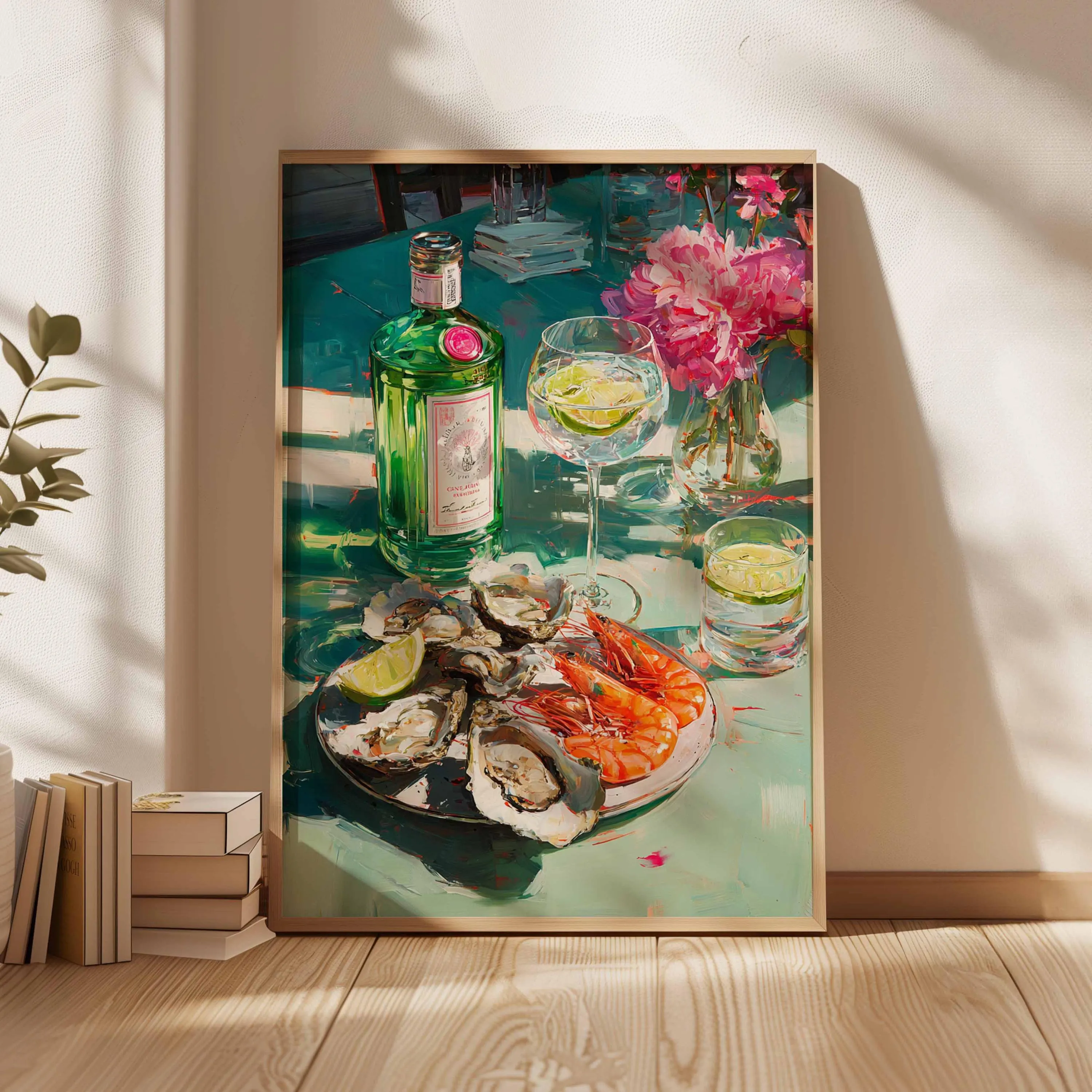 Seafood and Gin Still Life Art Print, Coastal Dining Poster - image 4