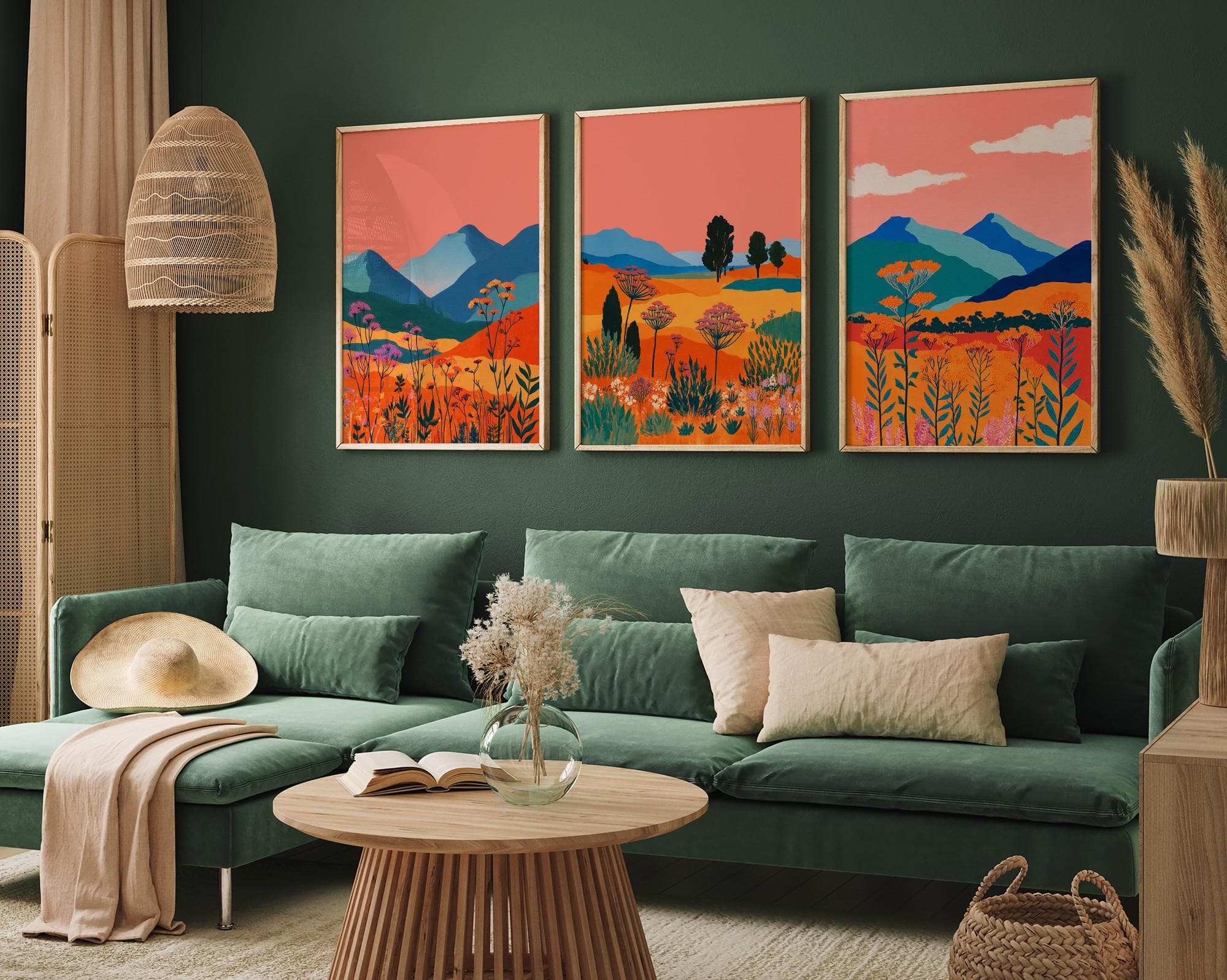 Set Of 3 Posters | Vibrant Mountain Landscape Print | Colorful Wildflower Artwork | Modern Boho Wall Decor | Sunset Nature Gallery Wall - mockup image 4