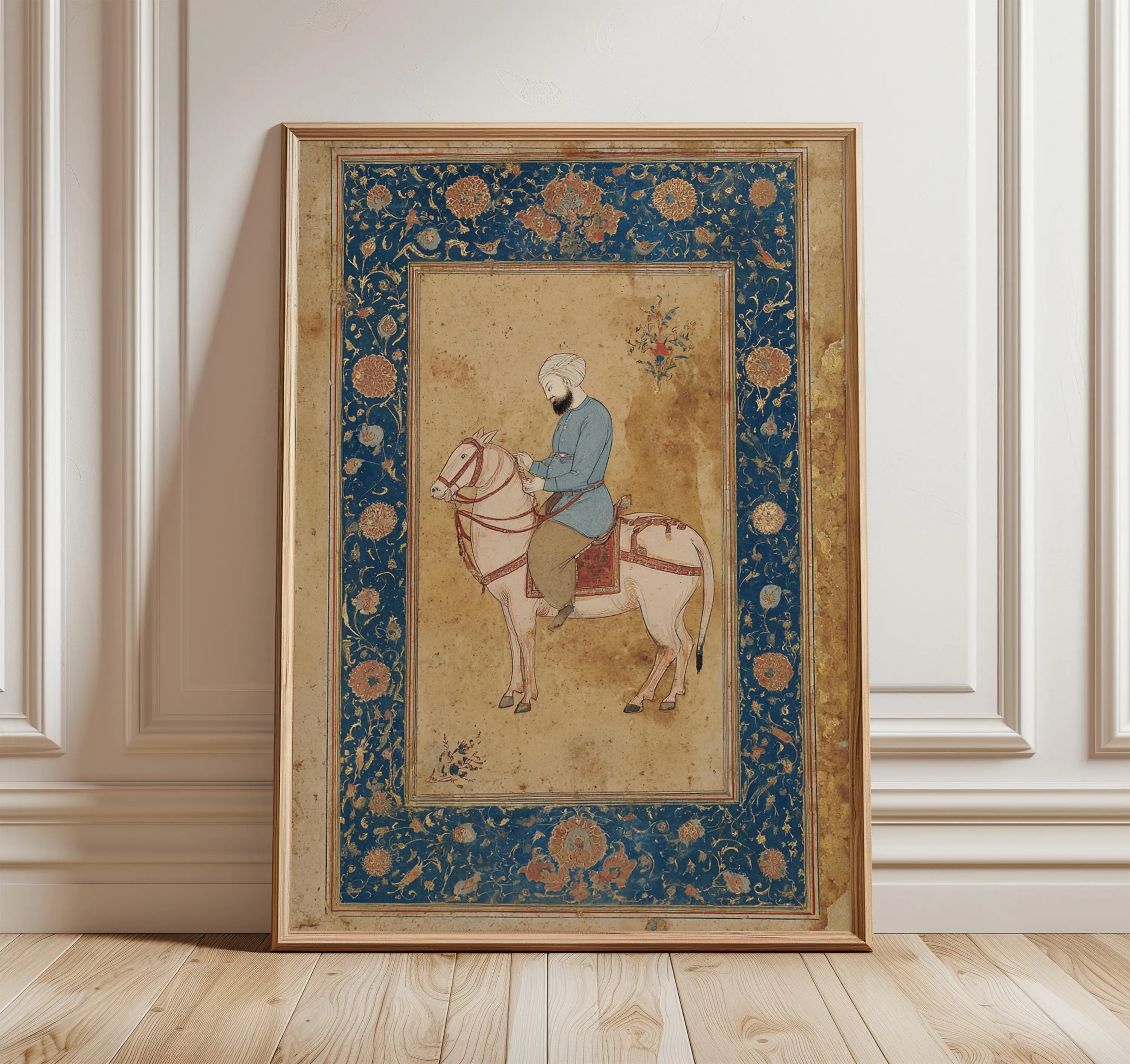 Mughal Miniature Horseman Art Print, Vintage Indian Painting Poster, Blue Ornamental Frame Wall Art