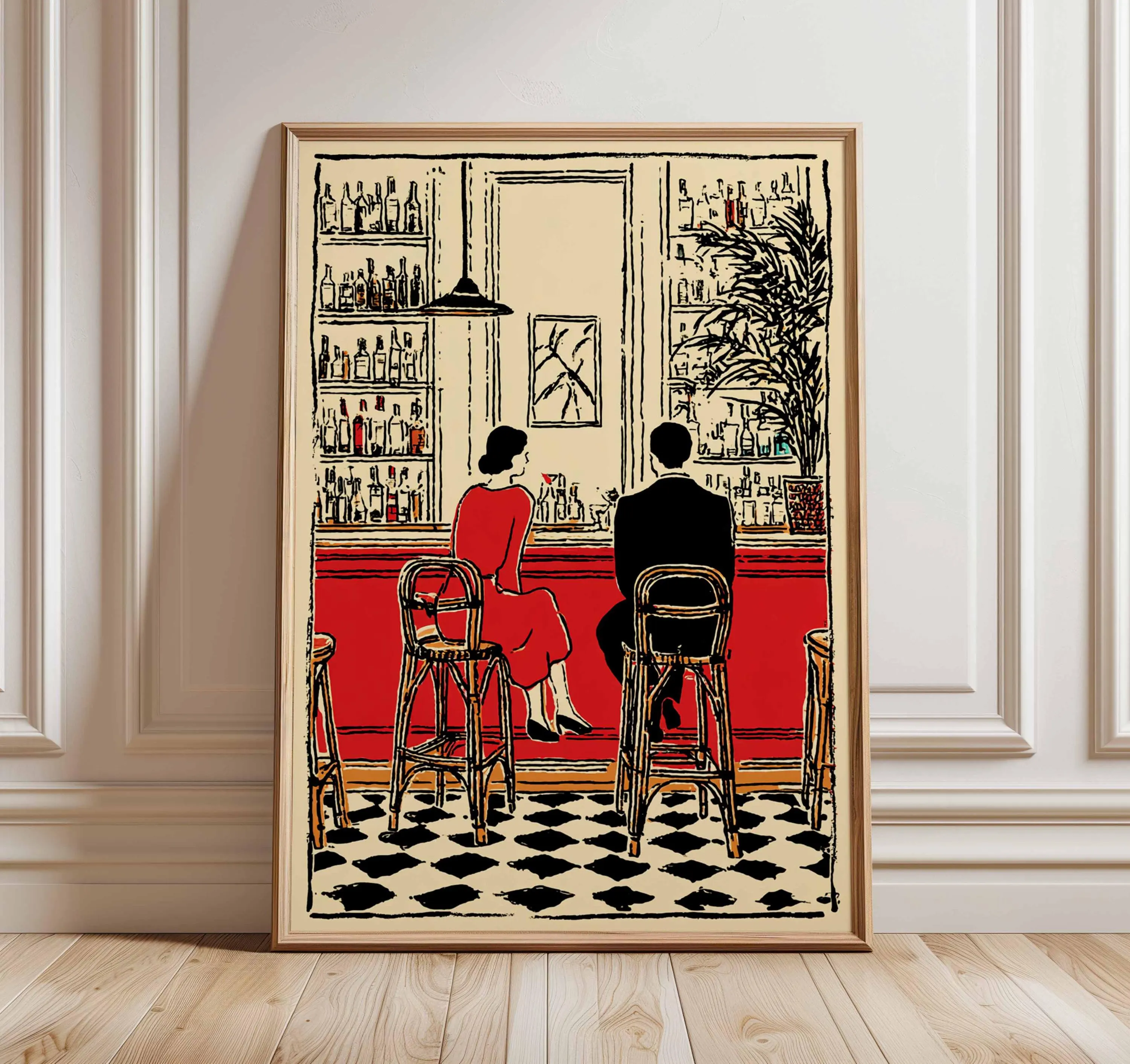 Romantic Bar Scene Art Print, Vintage Couple Poster, Retro Cocktail Bar Wall Art, Modern Line Illustration, Unframed Home Decor