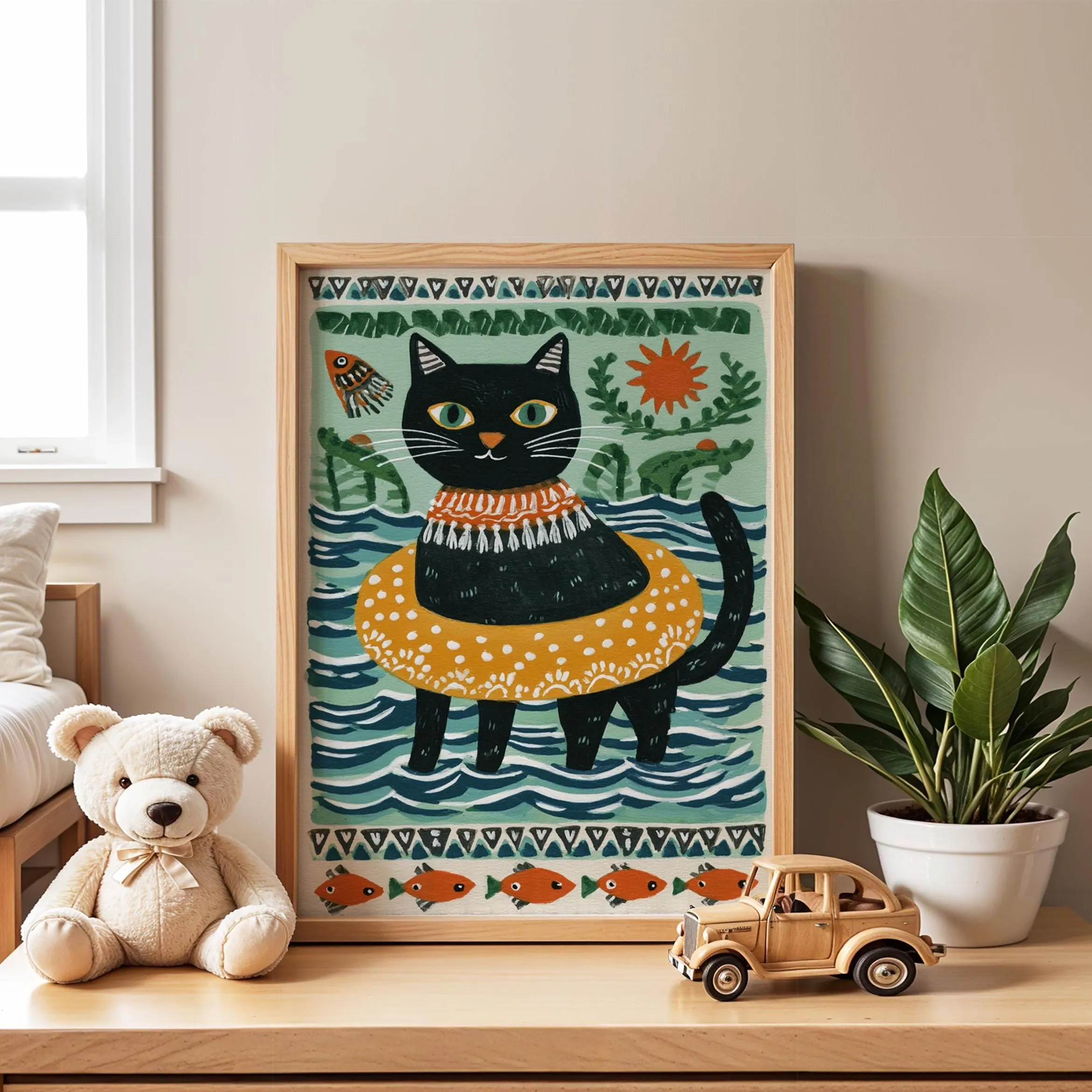 Swimming Cat Nursery Poster | Playful Folk Art Print