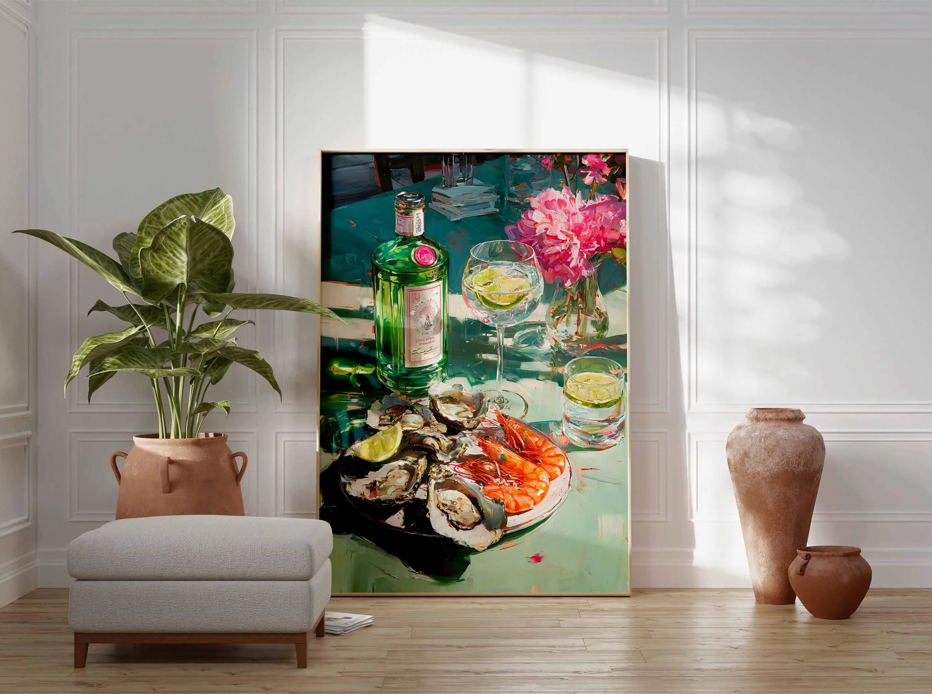 Seafood and Gin Still Life Art Print, Coastal Dining Poster - image 3