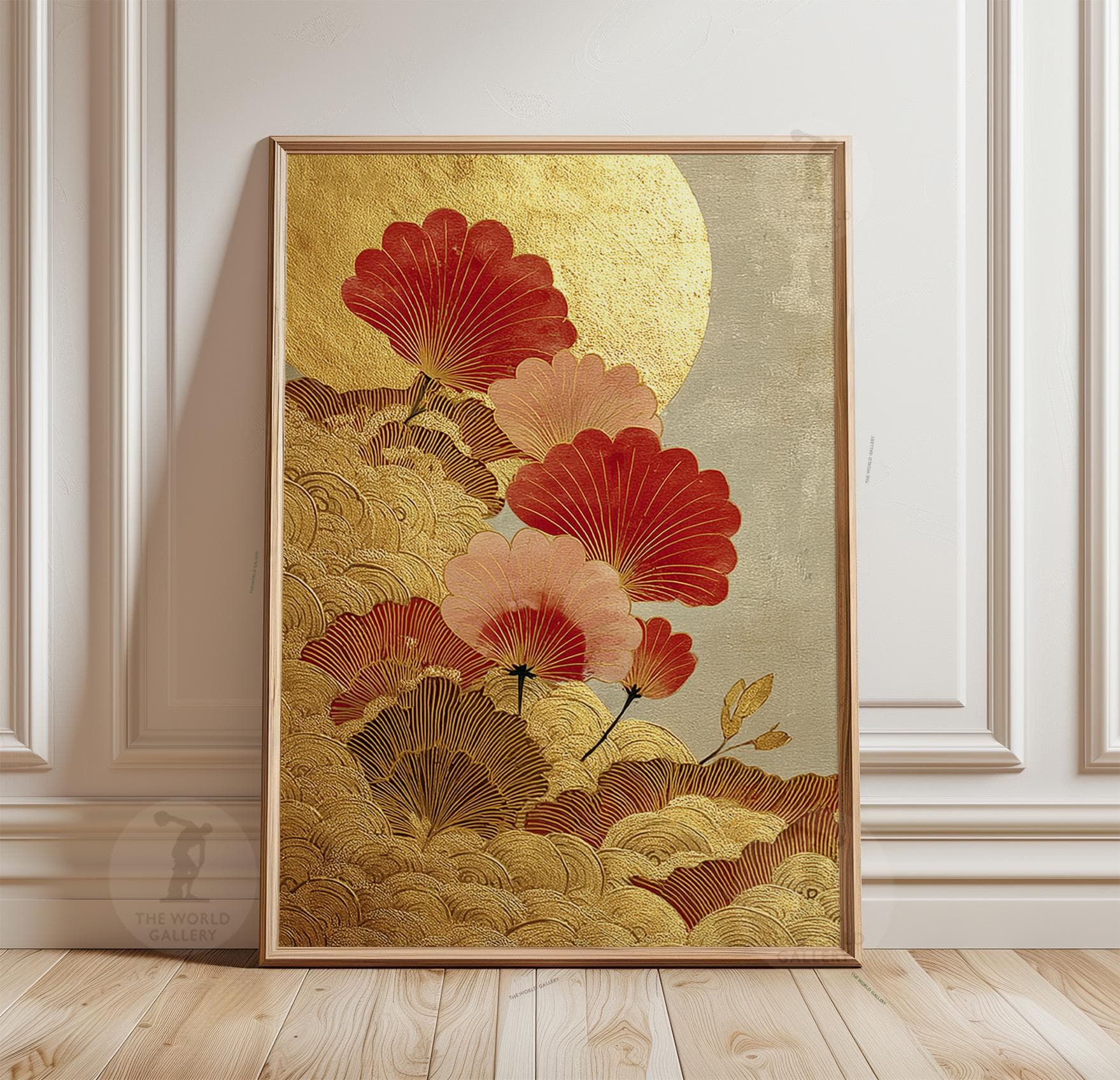Red And Gold Floral Poster Print | Beige Japanese Botanical Wall Art | Sunlit Flower Illustration