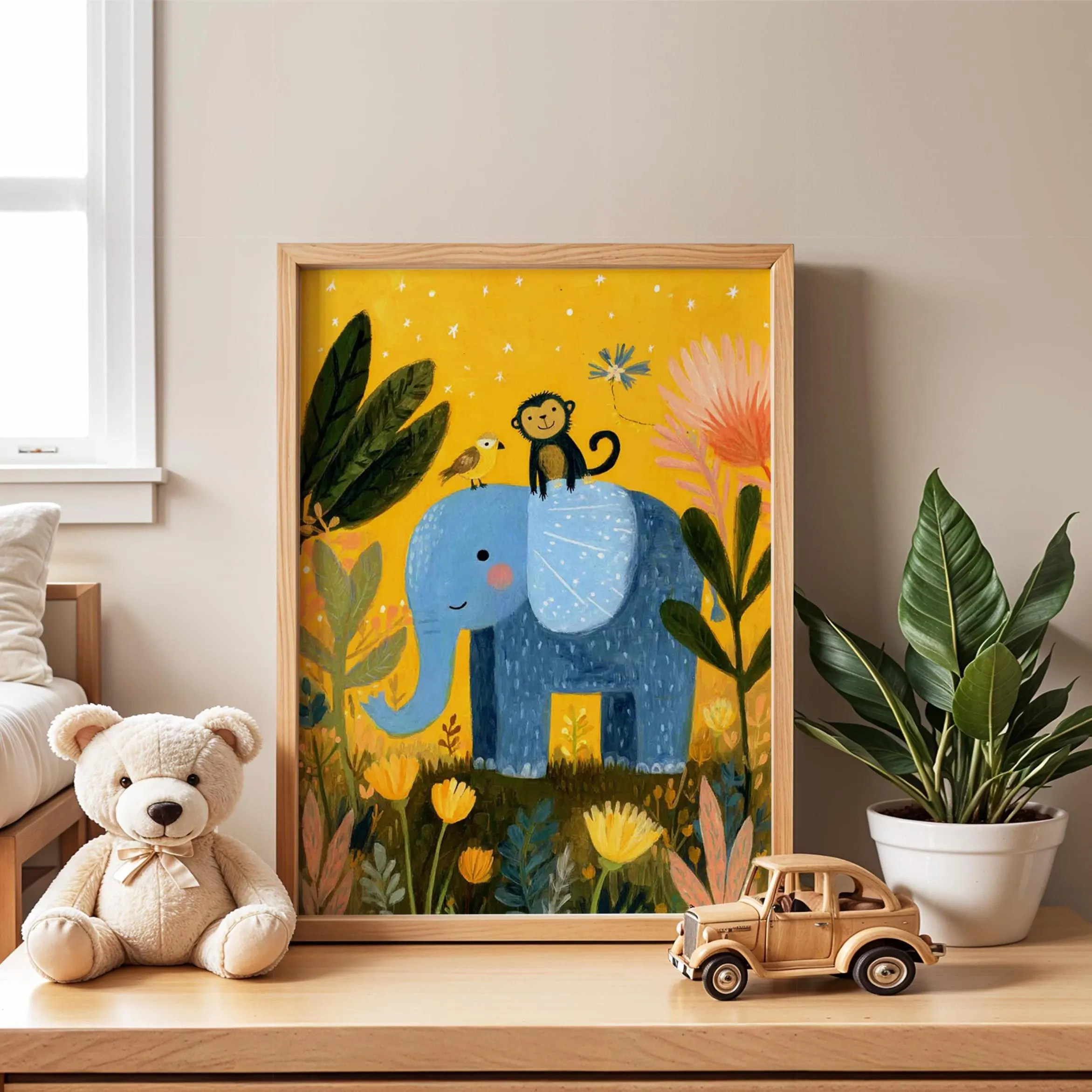 Elephant Monkey Nursery Print | Whimsical Jungle Animal Kids Room Art