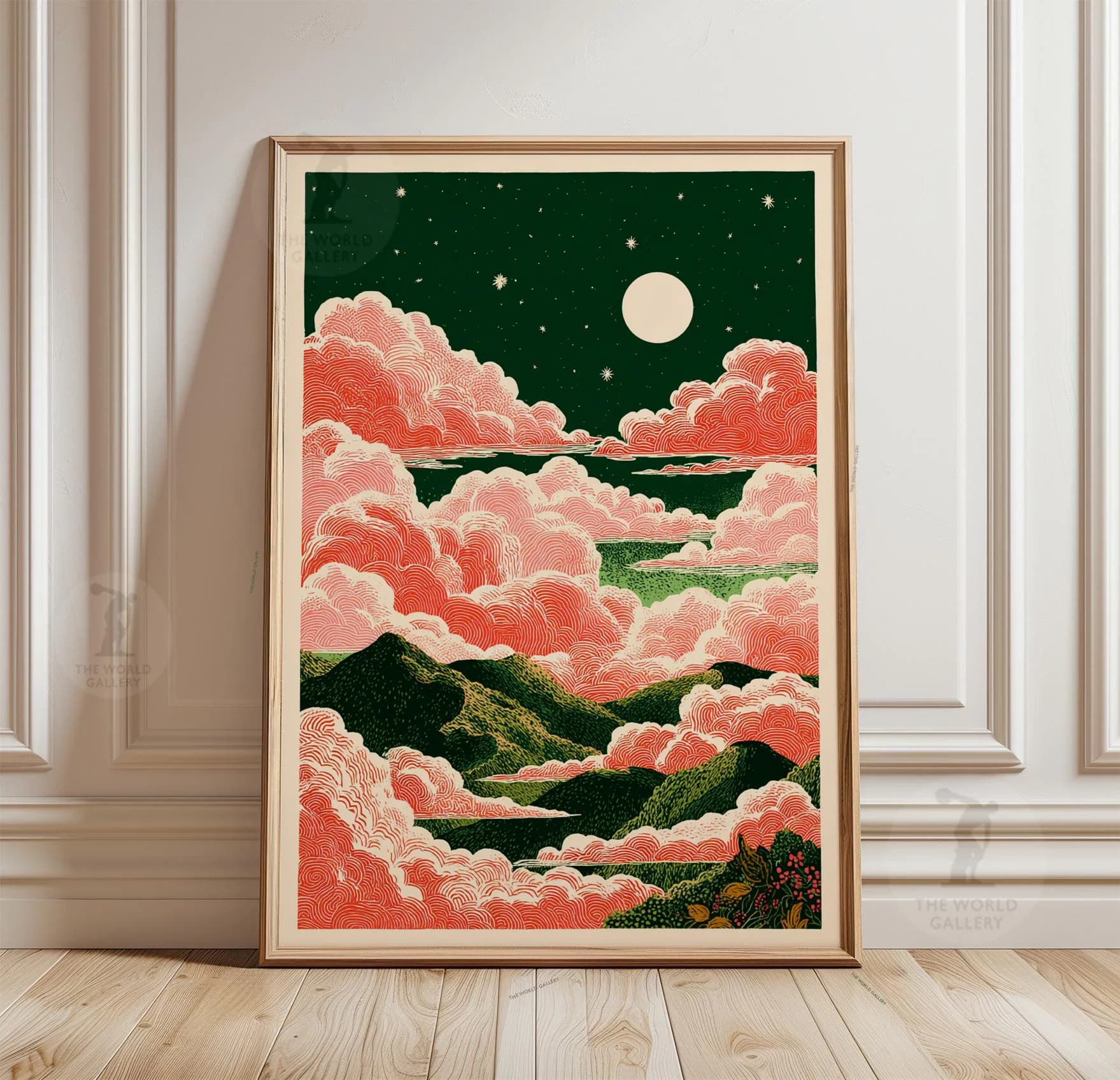Japanese Cloud Landscape Poster | Vintage Mountains, Moon Night Sky Wall Art