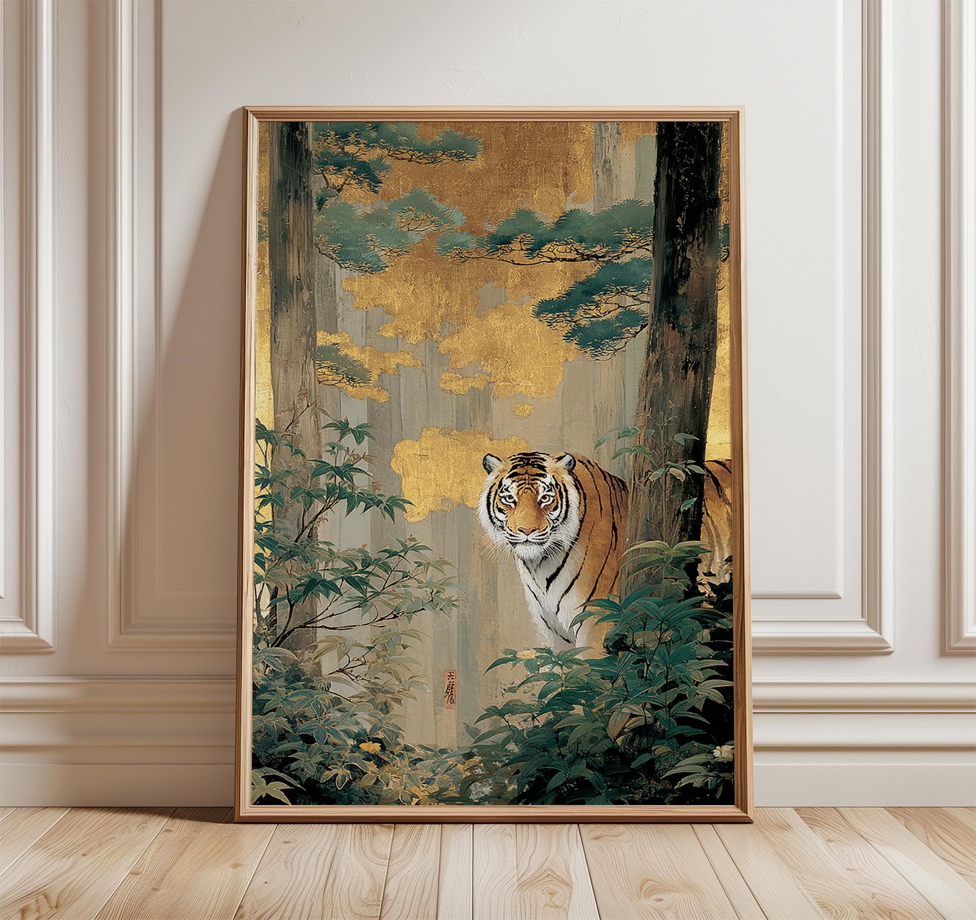 Golden Tiger Wall Art, Japanese Style Jungle Painting, Bengal Tiger Print, Nature Wildlife Poster, Luxurious Gold Leaf Forest Decor