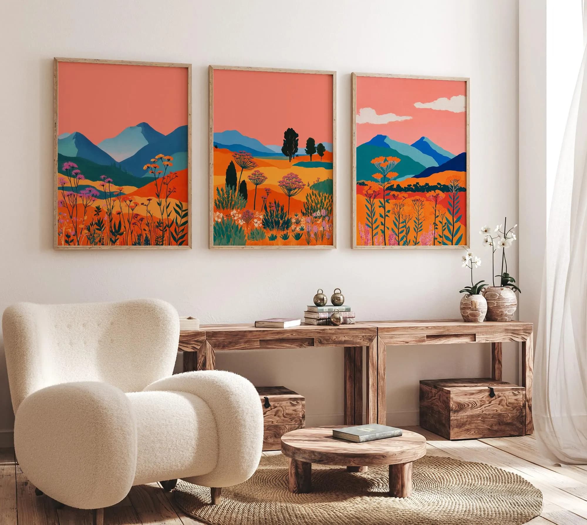 Set Of 3 Posters | Vibrant Mountain Landscape Print | Colorful Wildflower Artwork | Modern Boho Wall Decor | Sunset Nature Gallery Wall - mockup image 3