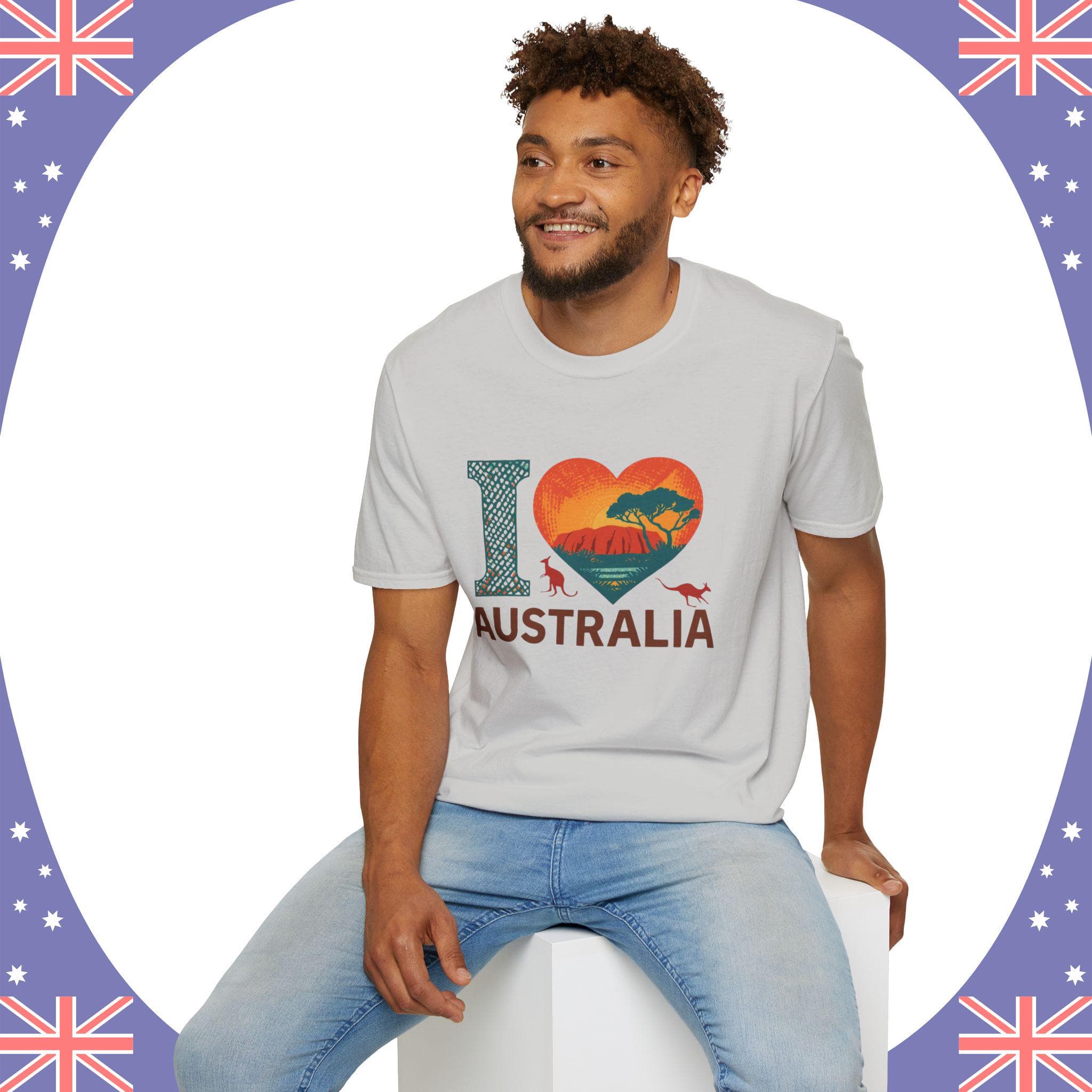 Gildan 64000 unisex t‑shirt with “I Love Australia” design featuring a large heart containing Uluru and water. Patriotic Australia Day shirt, Aussie pride tee, Uluru mountain shirt, light color options, sizes XS–5XL. Perfect for celebrations, travel, souvenirs, and national pride. Soft cotton, modern fit, high‑quality print, ideal Australian gift and patriotic apparel.
