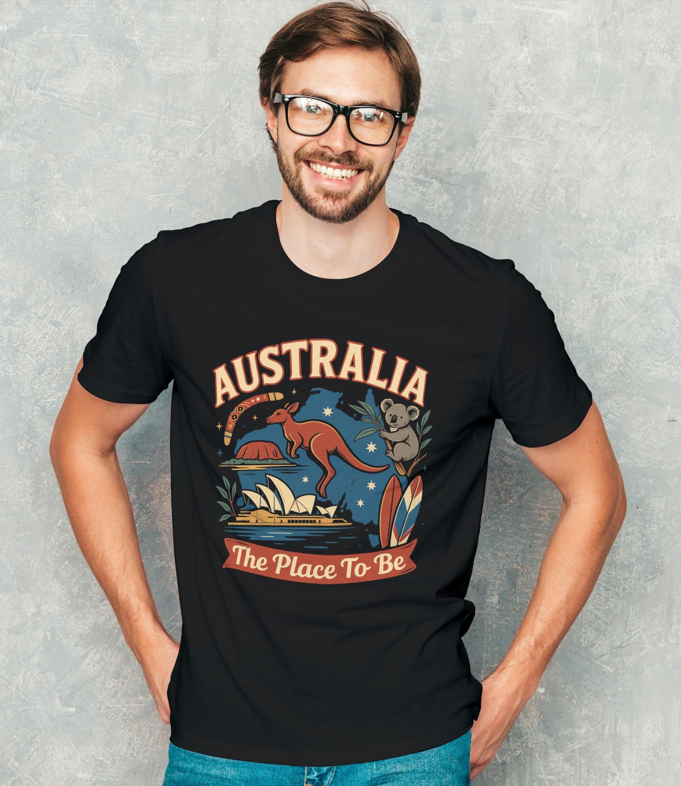 AUSTRALIA – The Place To Be!, A colorful and attractive Aussie T-shirt, from a PROUD Australian.
The bold, stylized lettering of "AUSTRALIA, The Place To Be" is surrounded by beloved Aussie icons. From the hopping kangaroo and cuddly koala 🐨 to the majestic Sydney Opera House, the legendary Uluru, surfboards by the beach 🏄♀️, eucalyptus leaves, and the trusty boomerang, making it a perfect Aussie Gift.
This beautiful t-shirt is available in multiple attractive colors and sizes from XS to 5XL.