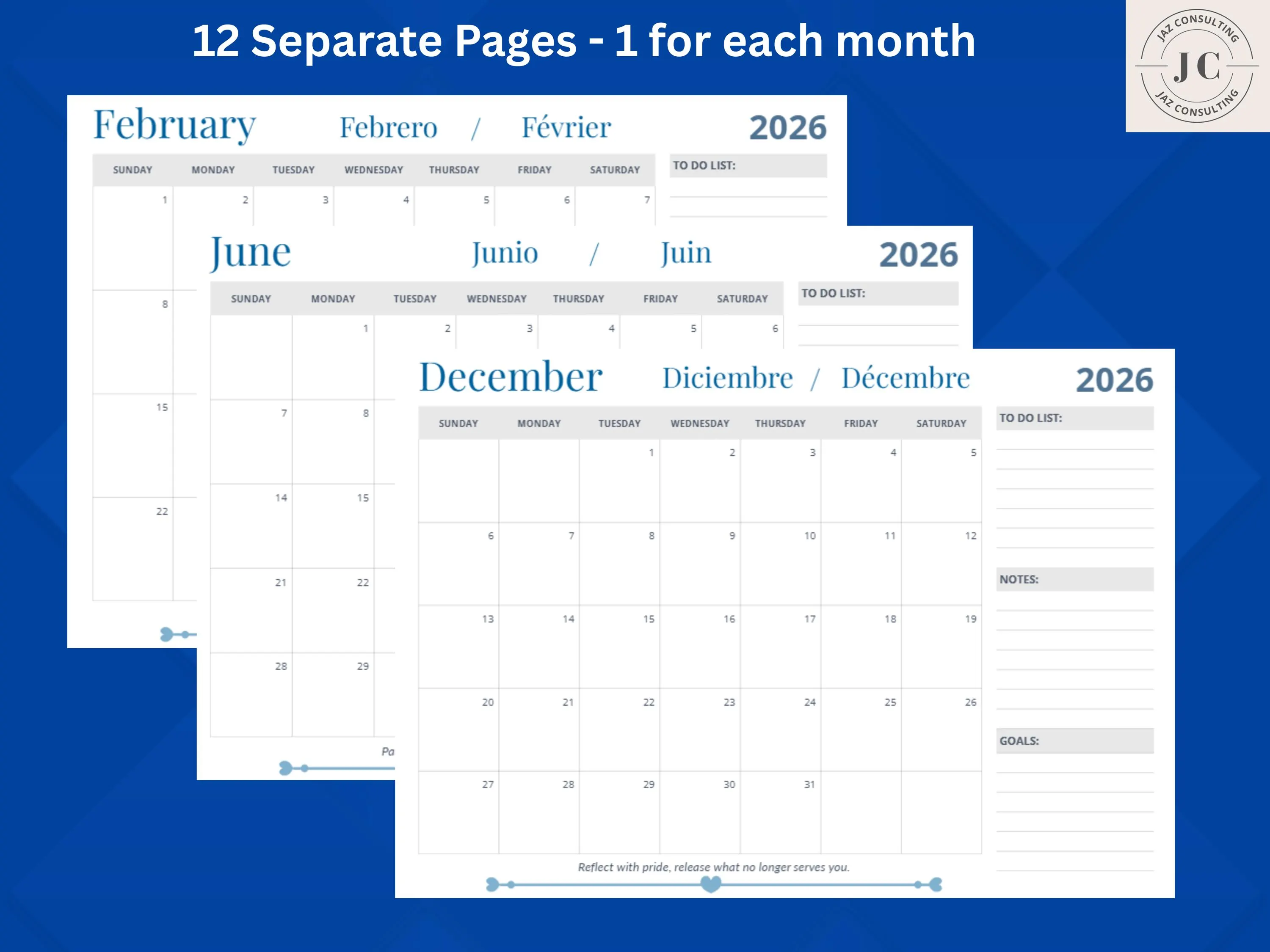 Minimalist 2026 professional monthly planner printable PDF designed for productivity and organization. Includes monthly calendar pages with space for daily planning, notes, goals and tasks. Elegant blue color palette, motivational quotes, and printable in A4, A3 and US Letter. Instant digital download planner for office and work use.