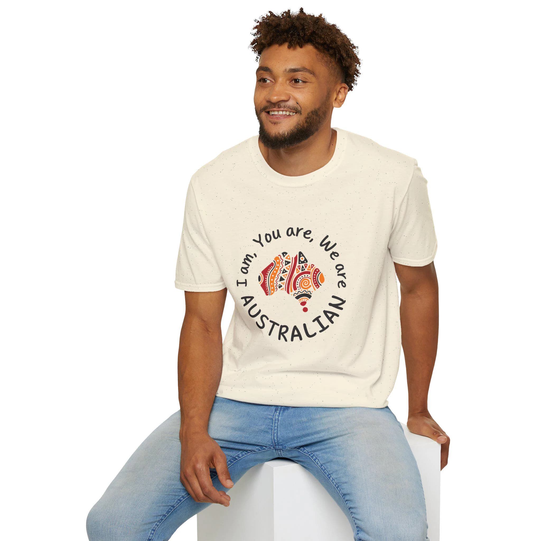 Celebrate Indigenous heritage with our unisex Gildan 64000 tee featuring an Aboriginal-style Australian map & the iconic "I Am You Are We Are Australian" slogan! Perfect for Australia Day, NAIDOC Week, or showing cultural pride year-round. Made from premium softstyle cotton for all-day comfort in sizes XS-5XL and multiple colors.
Australian map shirt, Aboriginal design tee, Indigenous pride apparel, unisex cotton t-shirt, cultural awareness clothing, We Are Australian slogan.