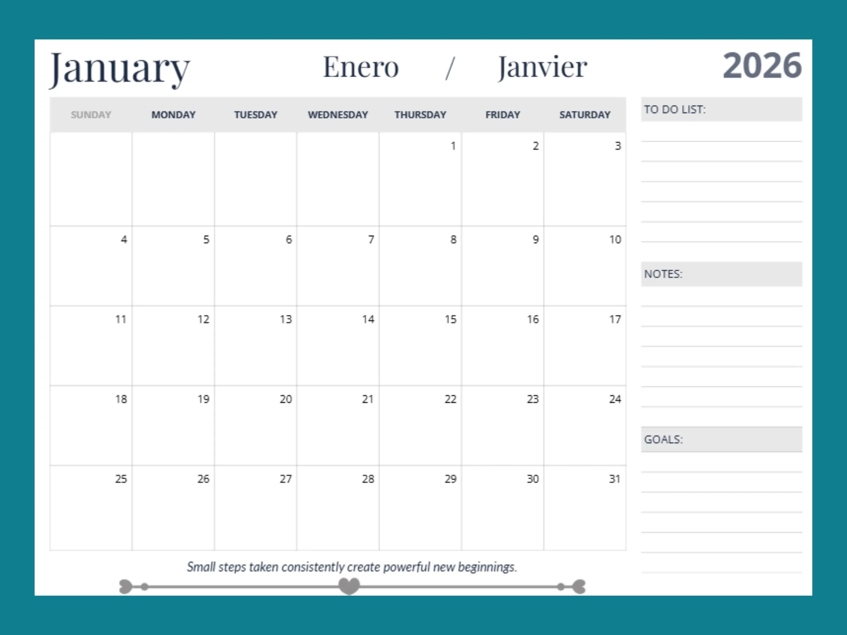 2026 Calendar and Monthly Planner Printable PDF with minimalist elegant design. Includes writable daily date boxes, notes, to-do list and goals sections on every month page. Multilingual month titles in English, Spanish and French. High-resolution 300 DPI digital planner available in A4, A3 and US Letter, portrait and landscape formats.