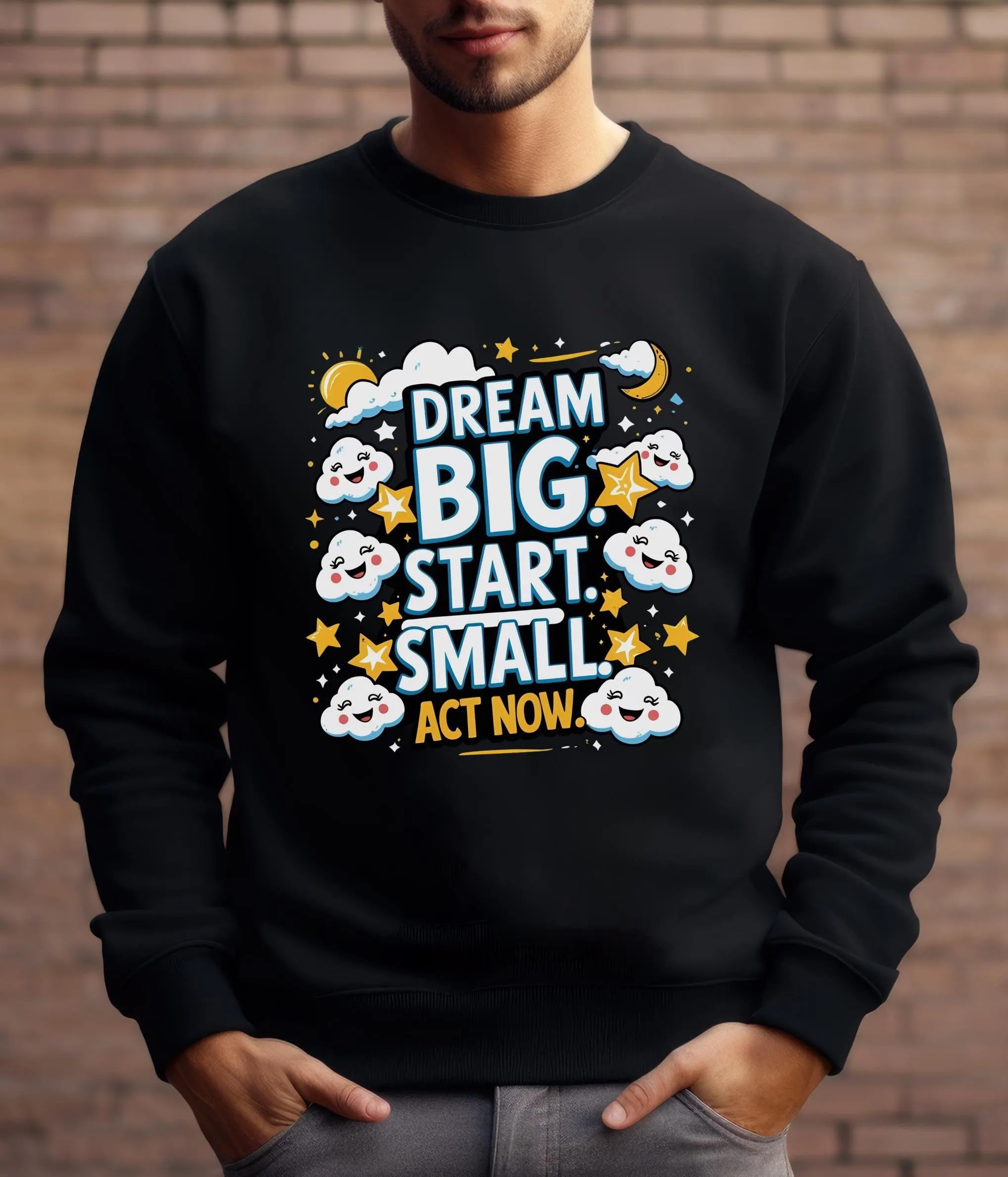Unisex Gildan 18000 sweatshirt with motivational quote: "Dream Big. Start Small. Act Now." Soft fleece crewneck in multiple colors and sizes S–5XL. This inspirational jumper blends comfort with action mantra style. Ideal mindset apparel for students, entrepreneurs, and goal-setters. A cozy, heavy blend positive message sweater for personal growth, self-care, and everyday motivation.