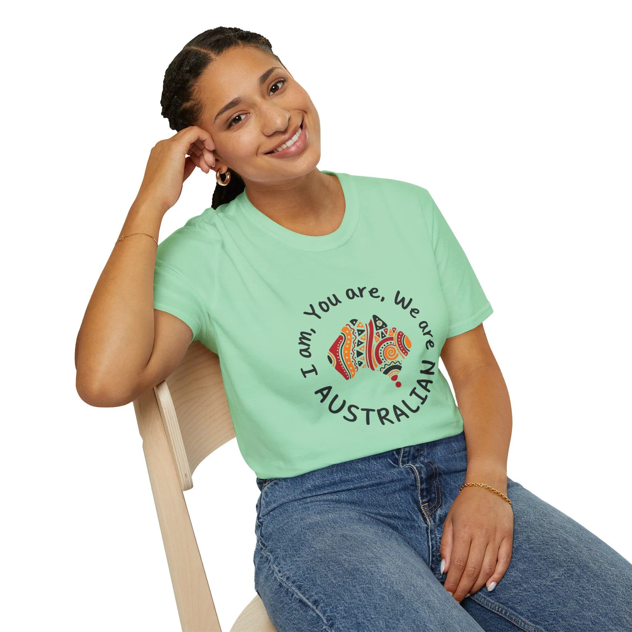 Celebrate Indigenous heritage with our unisex Gildan 64000 tee featuring an Aboriginal-style Australian map & the iconic "I Am You Are We Are Australian" slogan! Perfect for Australia Day, NAIDOC Week, or showing cultural pride year-round. Made from premium softstyle cotton for all-day comfort in sizes XS-5XL and multiple colors.
Australian map shirt, Aboriginal design tee, Indigenous pride apparel, unisex cotton t-shirt, cultural awareness clothing, We Are Australian slogan.