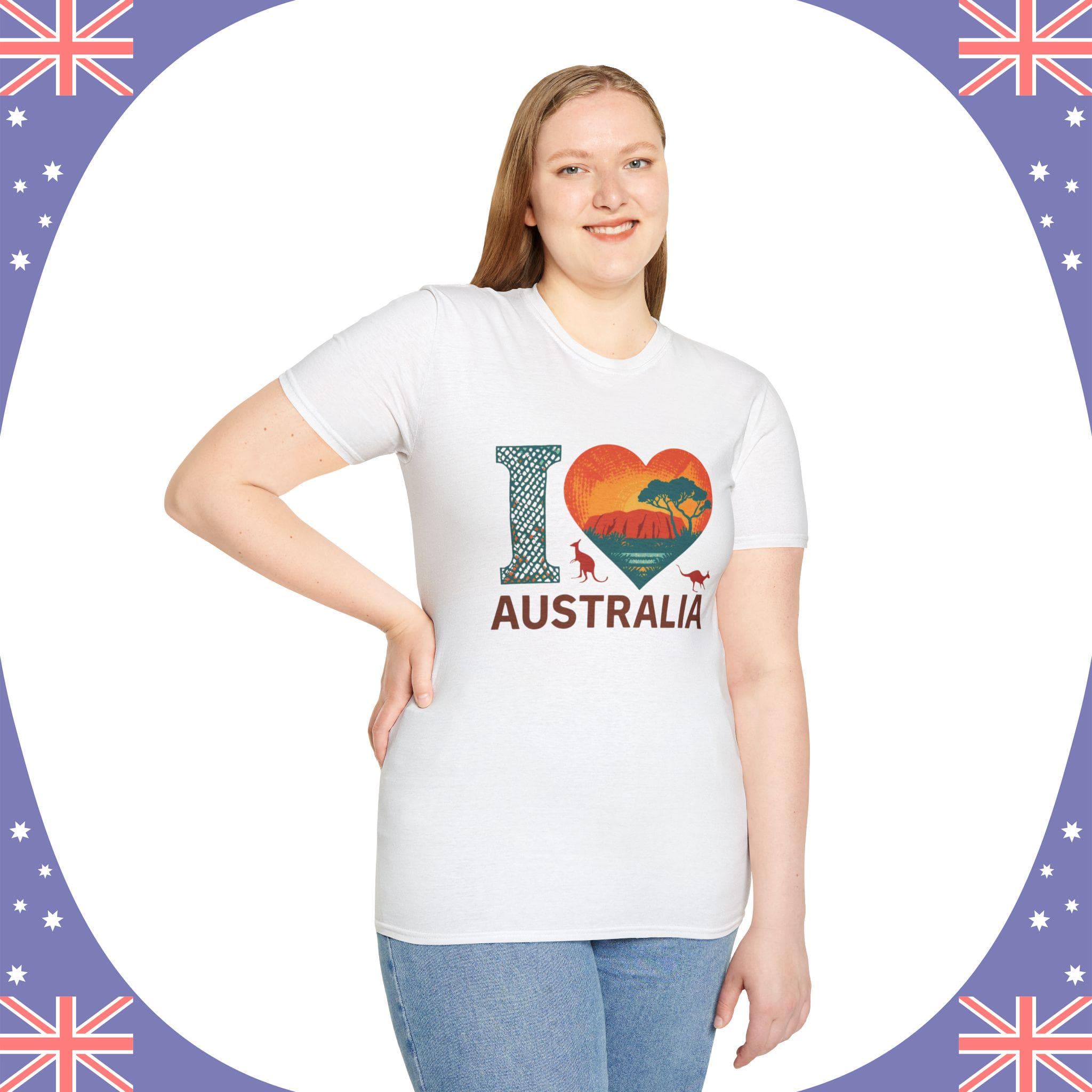 Gildan 64000 unisex t‑shirt with “I Love Australia” design featuring a large heart containing Uluru and water. Patriotic Australia Day shirt, Aussie pride tee, Uluru mountain shirt, light color options, sizes XS–5XL. Perfect for celebrations, travel, souvenirs, and national pride. Soft cotton, modern fit, high‑quality print, ideal Australian gift and patriotic apparel. This Aussie Tee is a perfect gift for Australia Day Celebrations and show your love for the land down under.