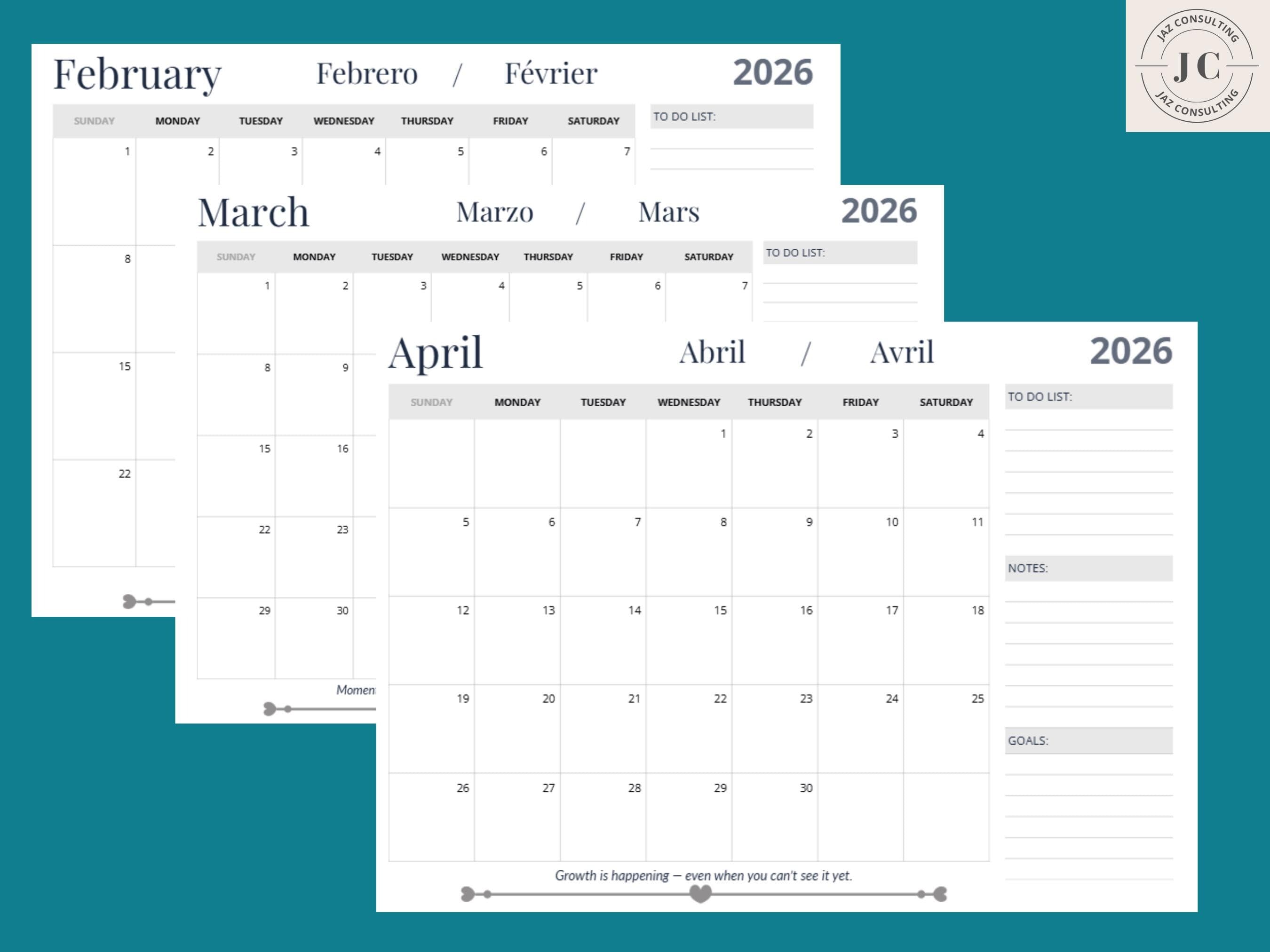 2026 Monthly Planner Printable 300 DPI PDF calendar with clean minimalist design, trilingual month names (English, Spanish and French), writable date boxes, notes and goals sections, with motivational quotes, available in A4 and A3 in both portrait and landscape. Ideal digital planner insert and printable wall planner for organization and productivity.