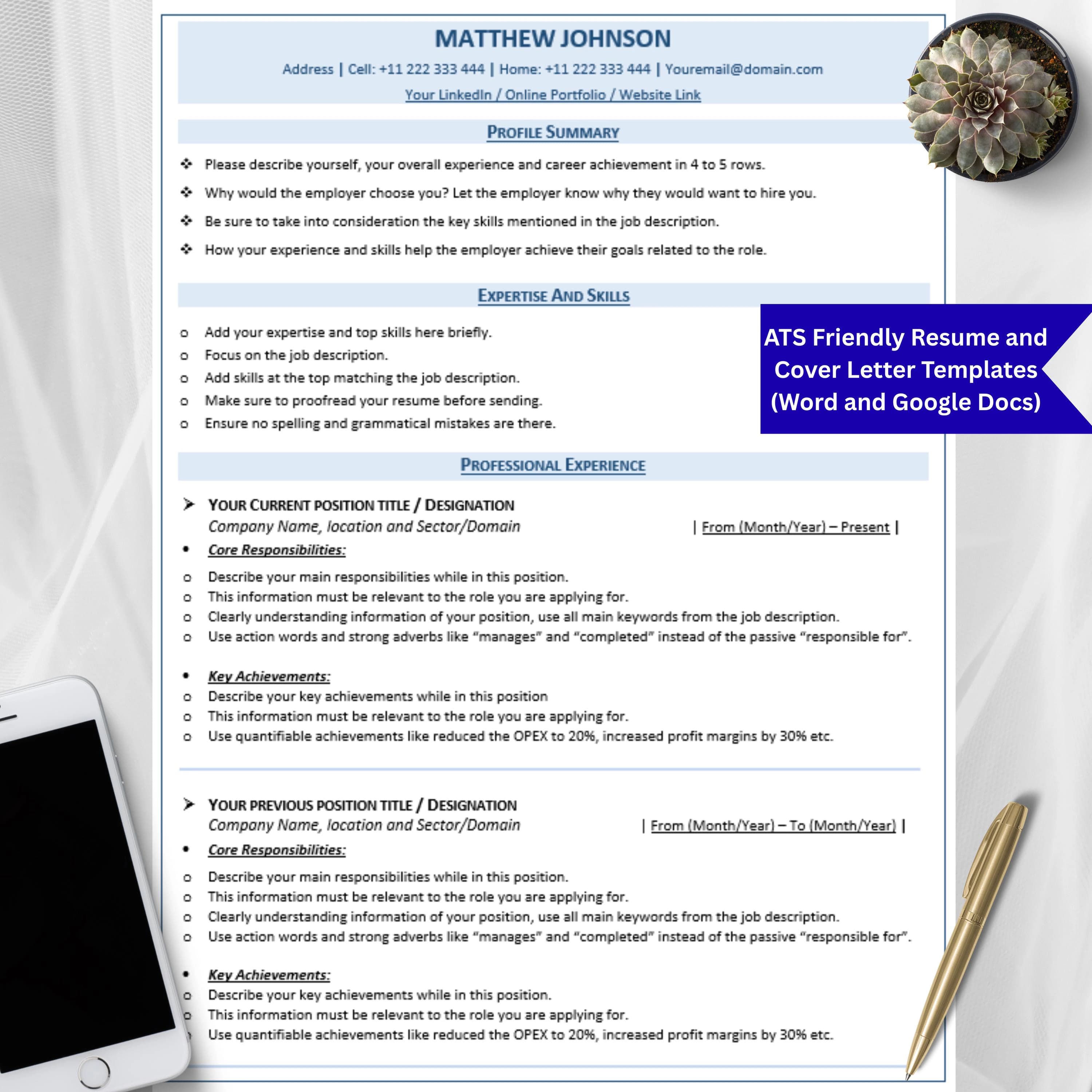 ATS Resume Template: Professional CV & Cover Letter (Editable Download for Word, Google Docs)
