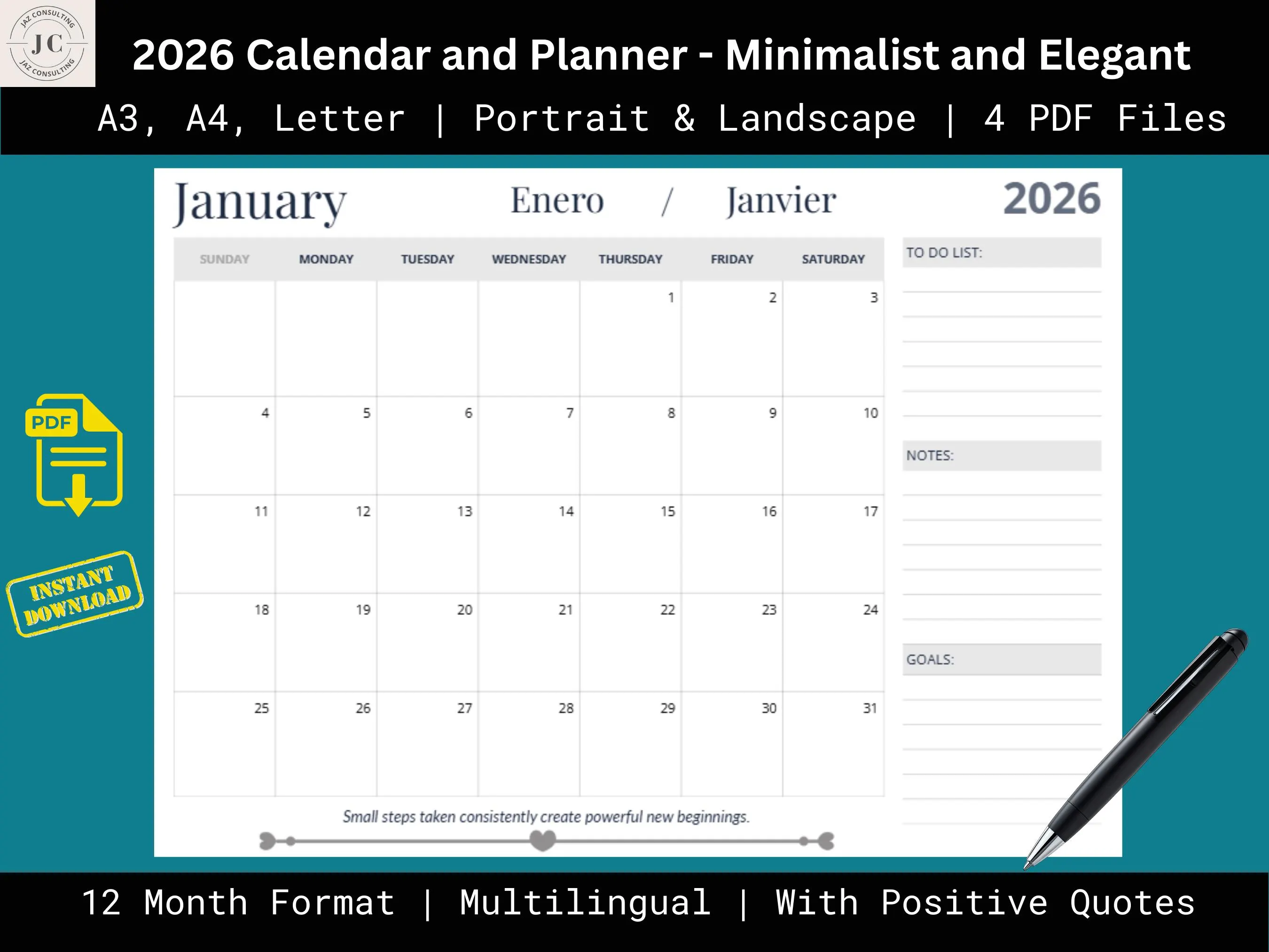 2026 Calendar and Monthly Planner Printable 300 DPI PDF with clean minimalist design, trilingual month names (English, Spanish and French), writable date boxes, notes and goals sections, with motivational quotes, available in A4 and A3 in both portrait and landscape. Ideal digital planner insert and printable wall planner for organization and productivity.