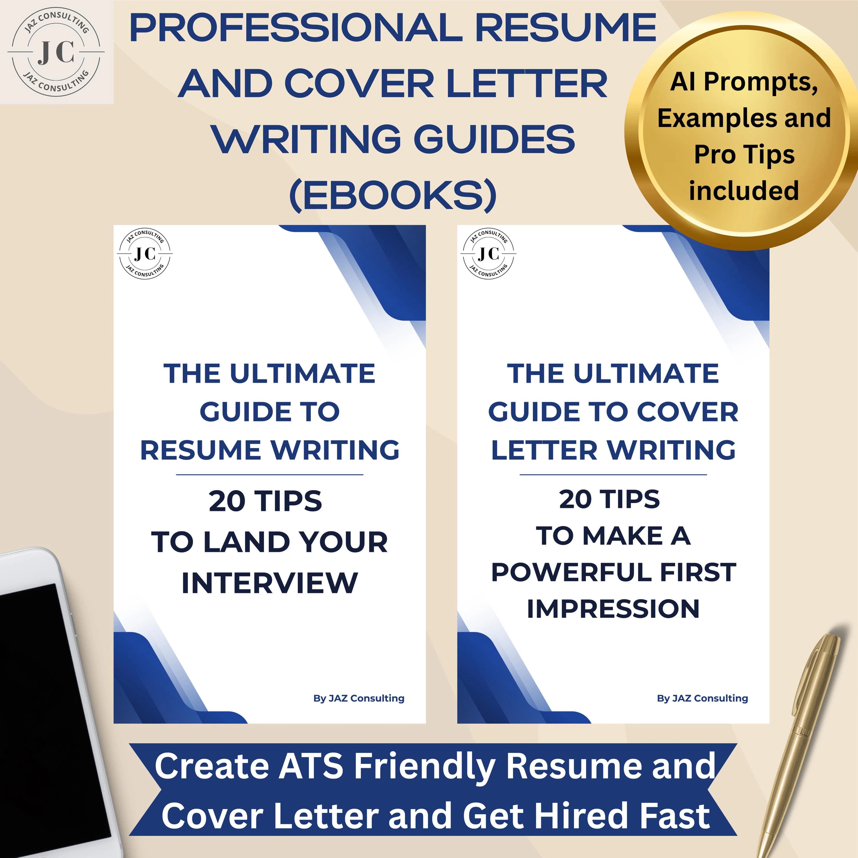 Master the Art of the Job Application & finally land your DREAM JOB!
This digital guide bundle provides the expert-written playbook to transform your application from overlooked to outstanding.
WHAT YOU'LL RECEIVE | An Instant Digital Download Bundle of two guides:
1) The Ultimate Guide to Resume Writing - 20 Tips to Land Your Interview (17 Pages),
2) The Ultimate Guide to Cover Letter Writing - 20 Tips to Make A Powerful First Impression (16 Pages).