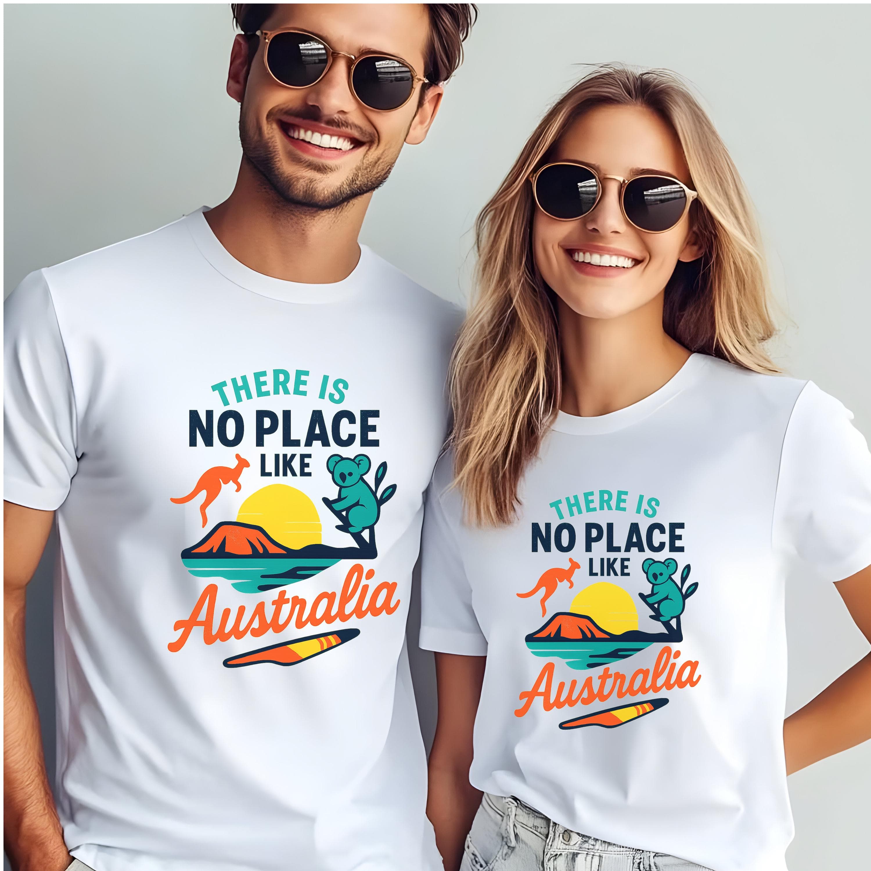 Celebrate your Aussie pride in style with our Aussie t-shirt printed with “There is No Place Like Australia” words along with Kangaroo, Koala, Uluru and Boomerang – a perfect blend of comfort, creativity, and culture. Whether you're a local legend or just visiting the land Down Under, this Australia t-shirt is a wearable reminder of everything that makes this country iconic. This Australian tee is available in wide range of sizes from XS to 5XL and available in multiple attractive color options.