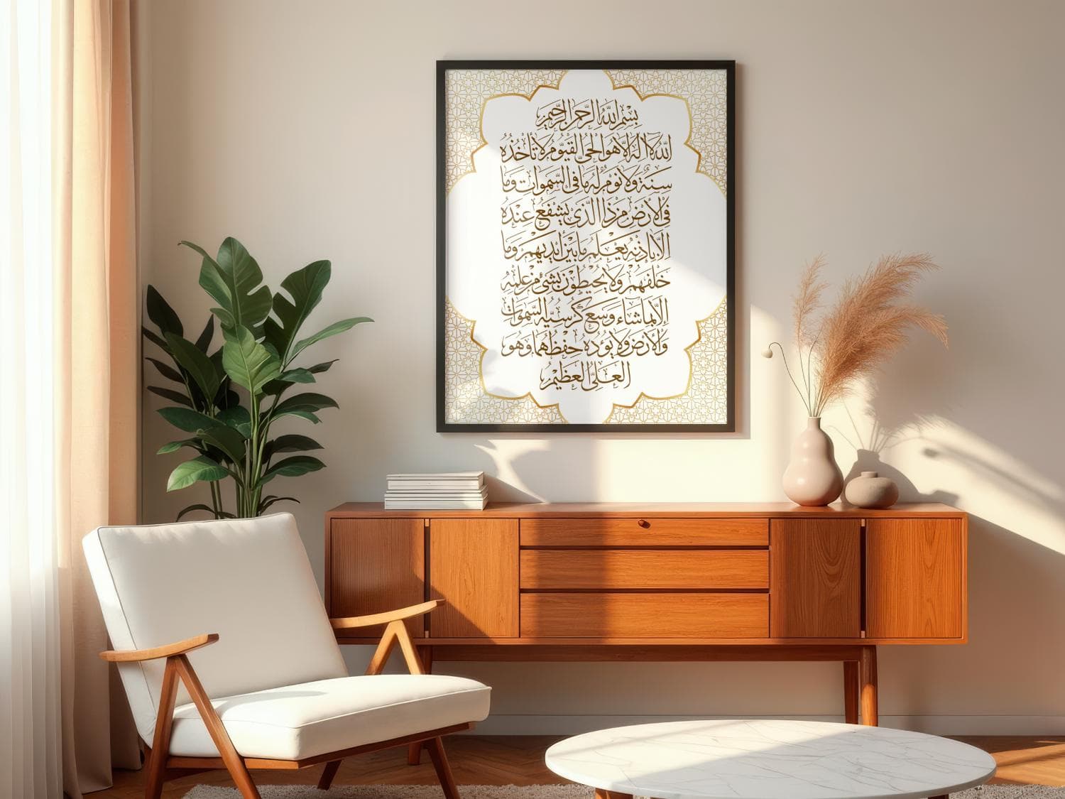 Ayat ul Kursi Islamic wall art printable featuring elegant Arabic calligraphy with a refined decorative border. This Quran verse wall art is ideal for Muslim home decor, prayer room decor, Ramadan wall art, and Eid decorations. High-resolution 300 DPI digital download includes PDF and JPG files in 2x3 and 3x4 aspect ratios, perfect for living room or bedroom Islamic wall decor.