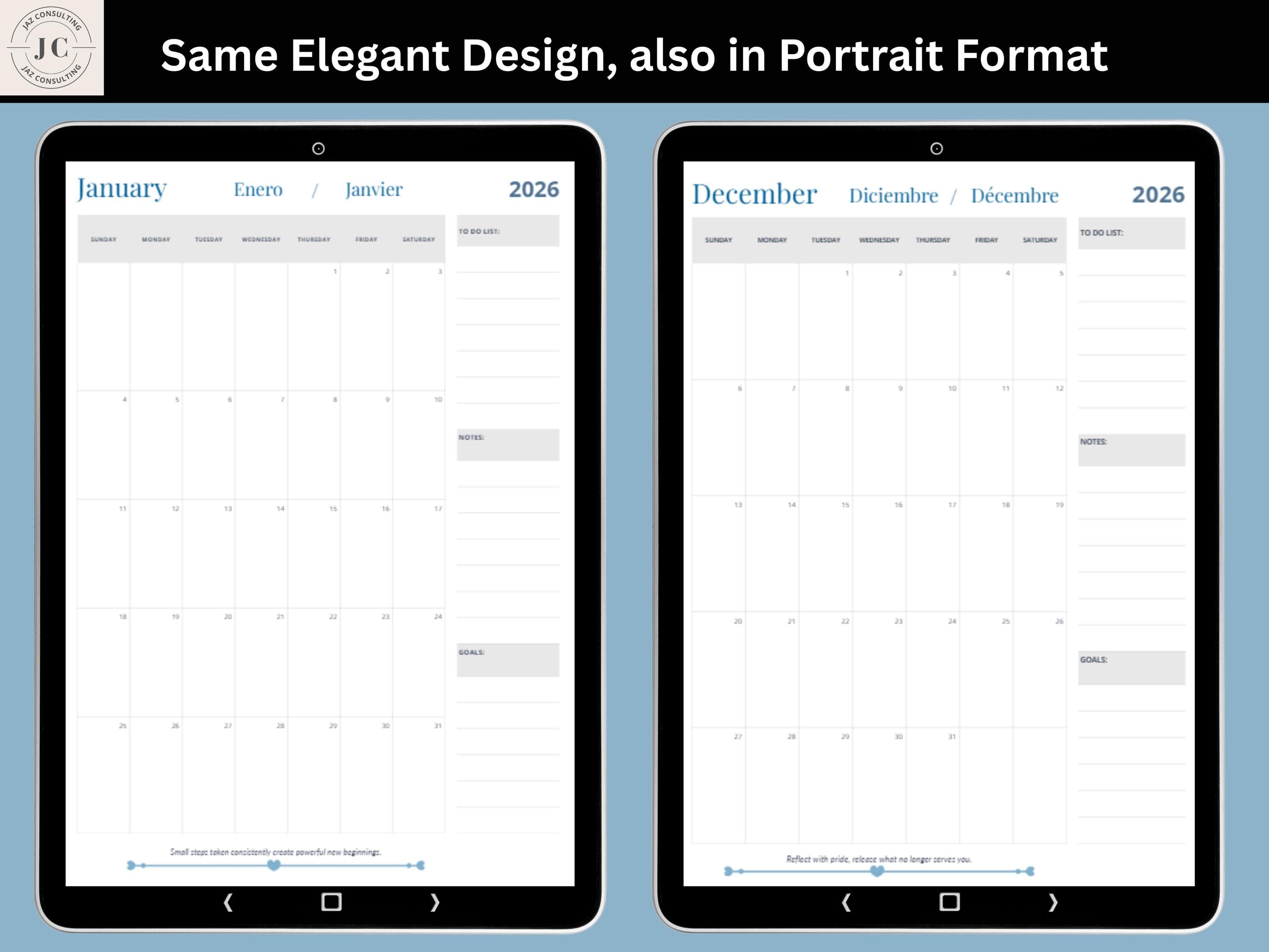 2026 Planner and Calendar for Professionals - Printable PDF featuring an elegant blue minimalist design. Monthly work planner with writable daily date boxes, sections for notes, to-do lists and goals. Includes English, Spanish and French month titles. High-resolution 300 DPI planner printable in A4, A3 and US Letter, portrait and landscape formats.