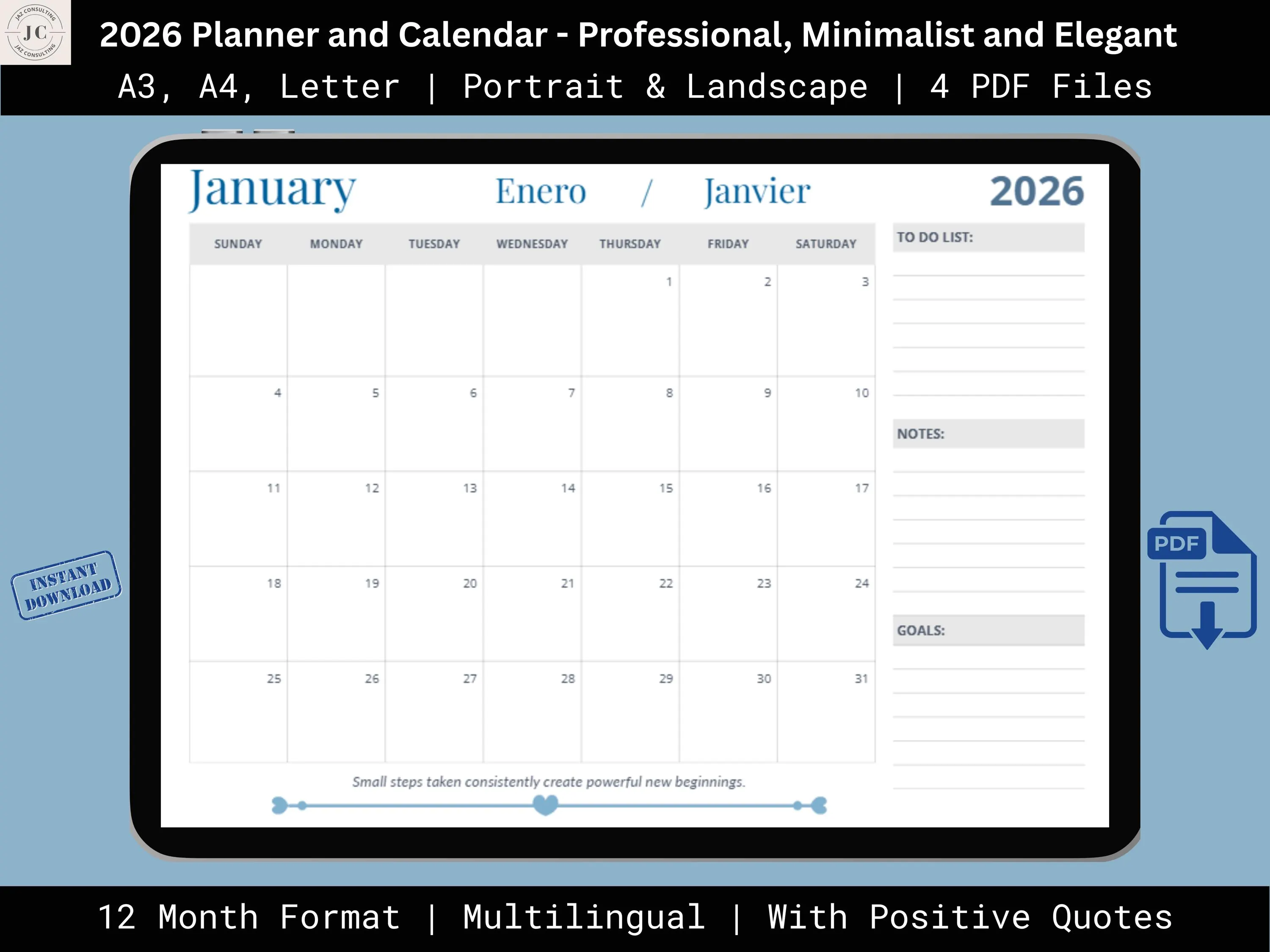 2026 Professional Planner and Calendar Printable PDF featuring an elegant blue minimalist design. Monthly work planner with writable daily date boxes, sections for notes, to-do lists and goals. Includes English, Spanish and French month titles. High-resolution 300 DPI planner printable in A4, A3 and US Letter, portrait and landscape formats.