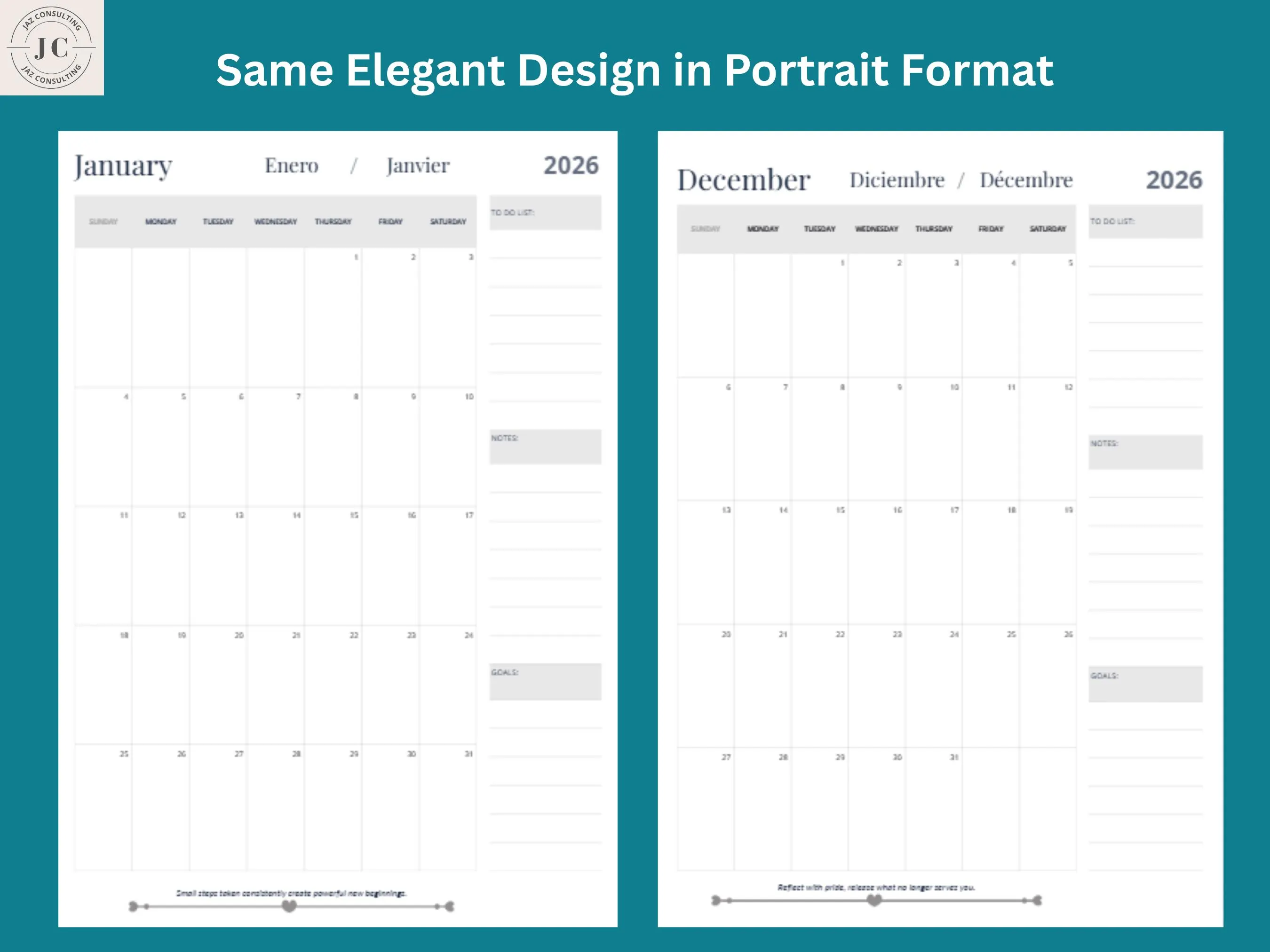 2026 Monthly Planner Printable 300 DPI PDF calendar with clean minimalist design, trilingual month names (English, Spanish and French), writable date boxes, notes and goals sections, with motivational quotes, available in A4 and A3 in both portrait and landscape. Ideal digital planner insert and printable wall planner for organization and productivity.