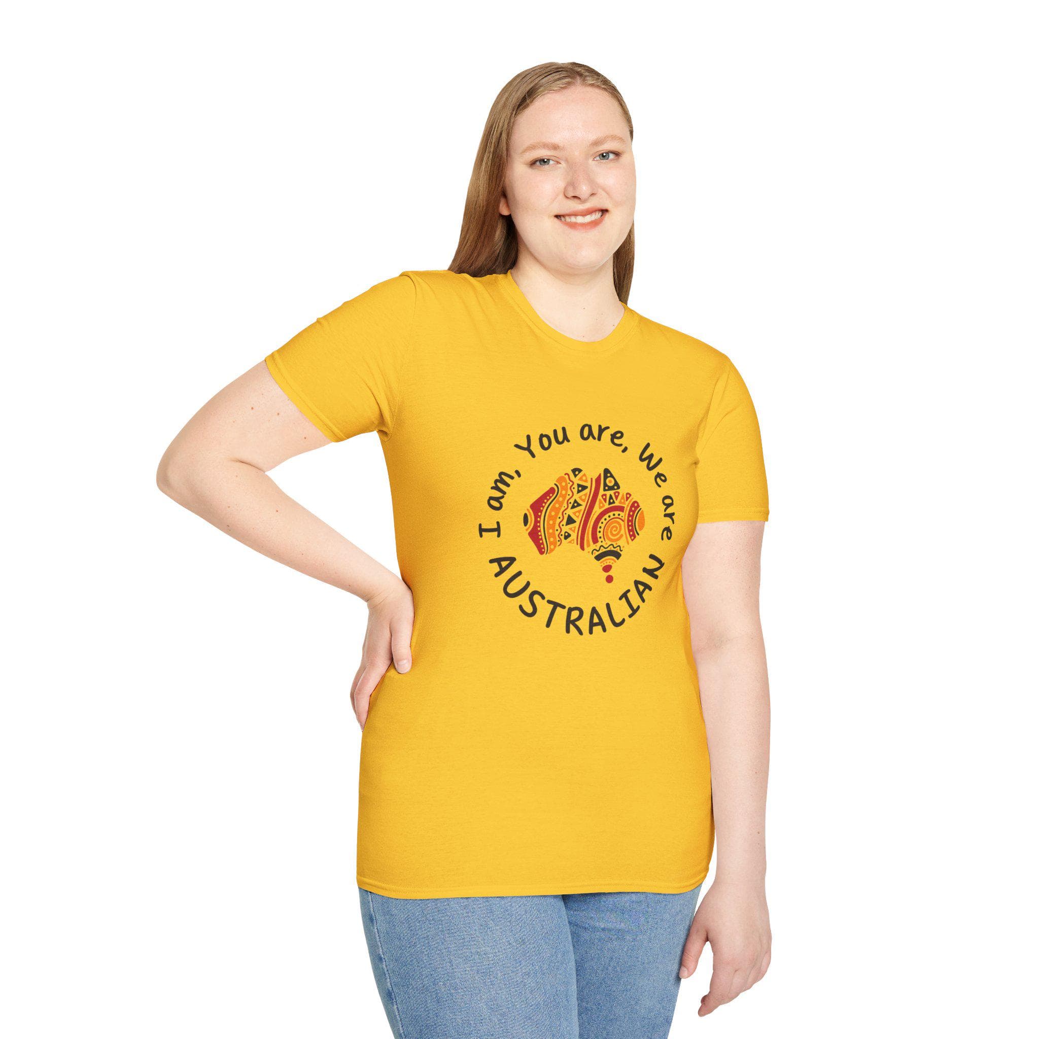 Celebrate Indigenous heritage with our unisex Gildan 64000 tee featuring an Aboriginal-style Australian map & the iconic "I Am You Are We Are Australian" slogan! Perfect for Australia Day, NAIDOC Week, or showing cultural pride year-round. Made from premium softstyle cotton for all-day comfort in sizes XS-5XL and multiple colors.
Australian map shirt, Aboriginal design tee, Indigenous pride apparel, unisex cotton t-shirt, cultural awareness clothing, We Are Australian slogan.