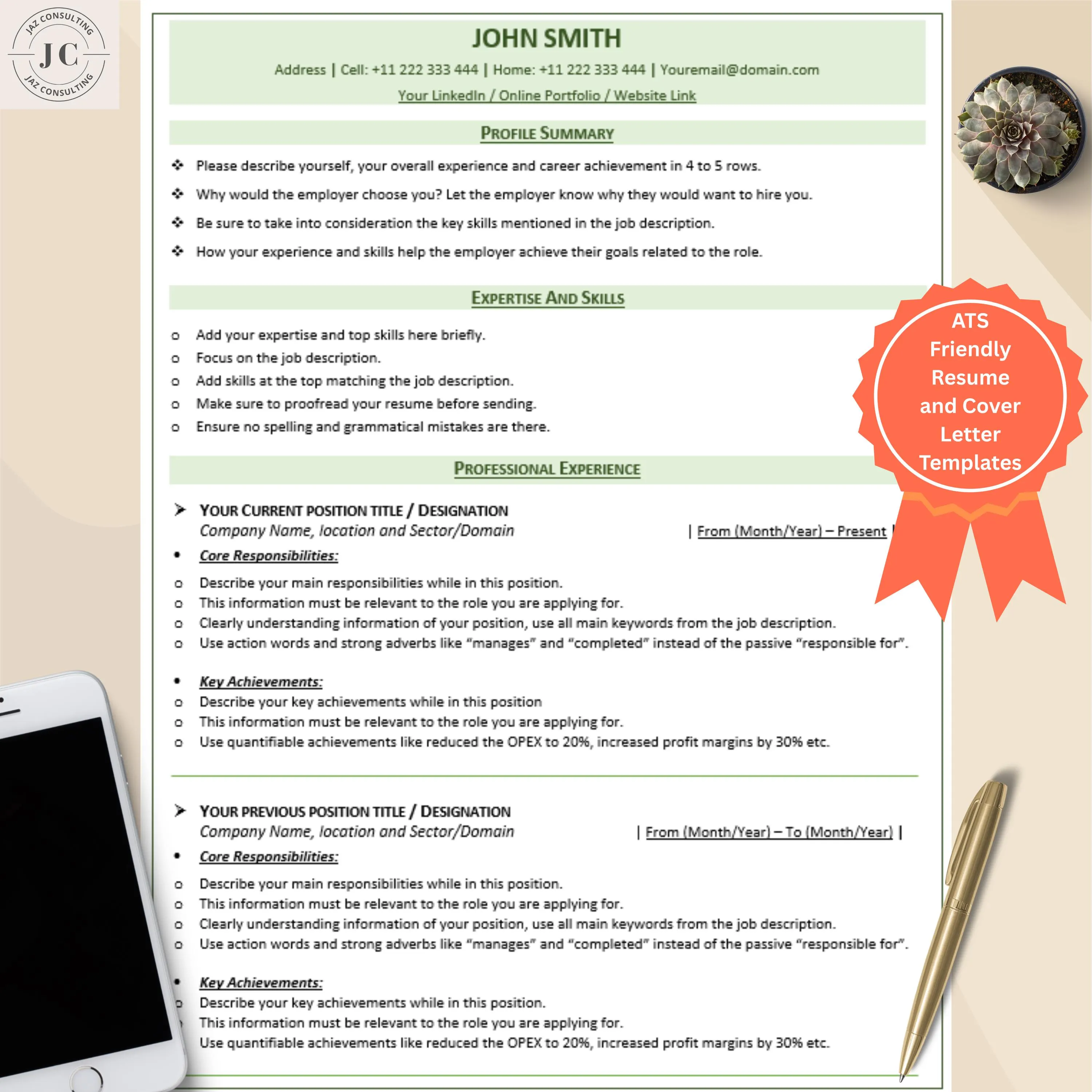 ATS Resume & Cover Letter Template: Editable Word/Google Docs (Digital Download)