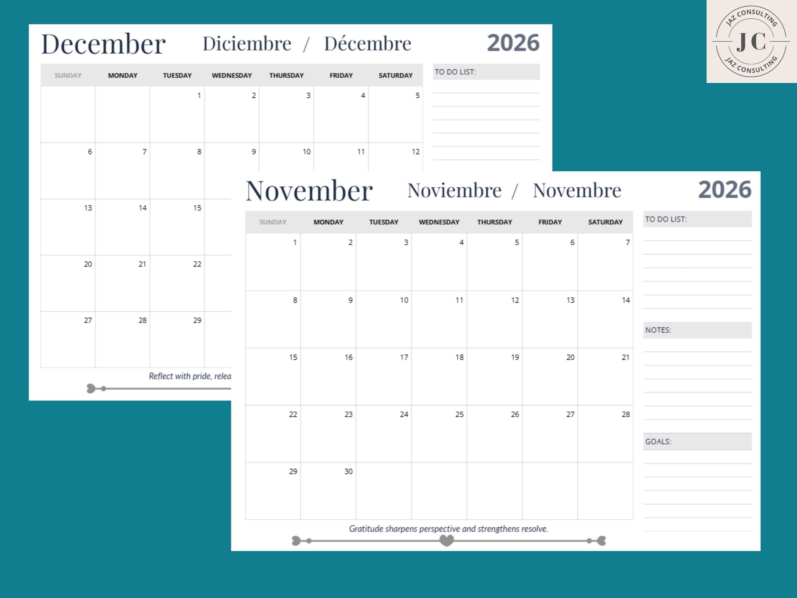 2026 Calendar and Monthly Planner Printable PDF with minimalist elegant design. Includes writable daily date boxes, notes, to-do list and goals sections on every month page. Multilingual month titles in English, Spanish and French. High-resolution 300 DPI digital planner available in A4, A3 and US Letter, portrait and landscape formats.