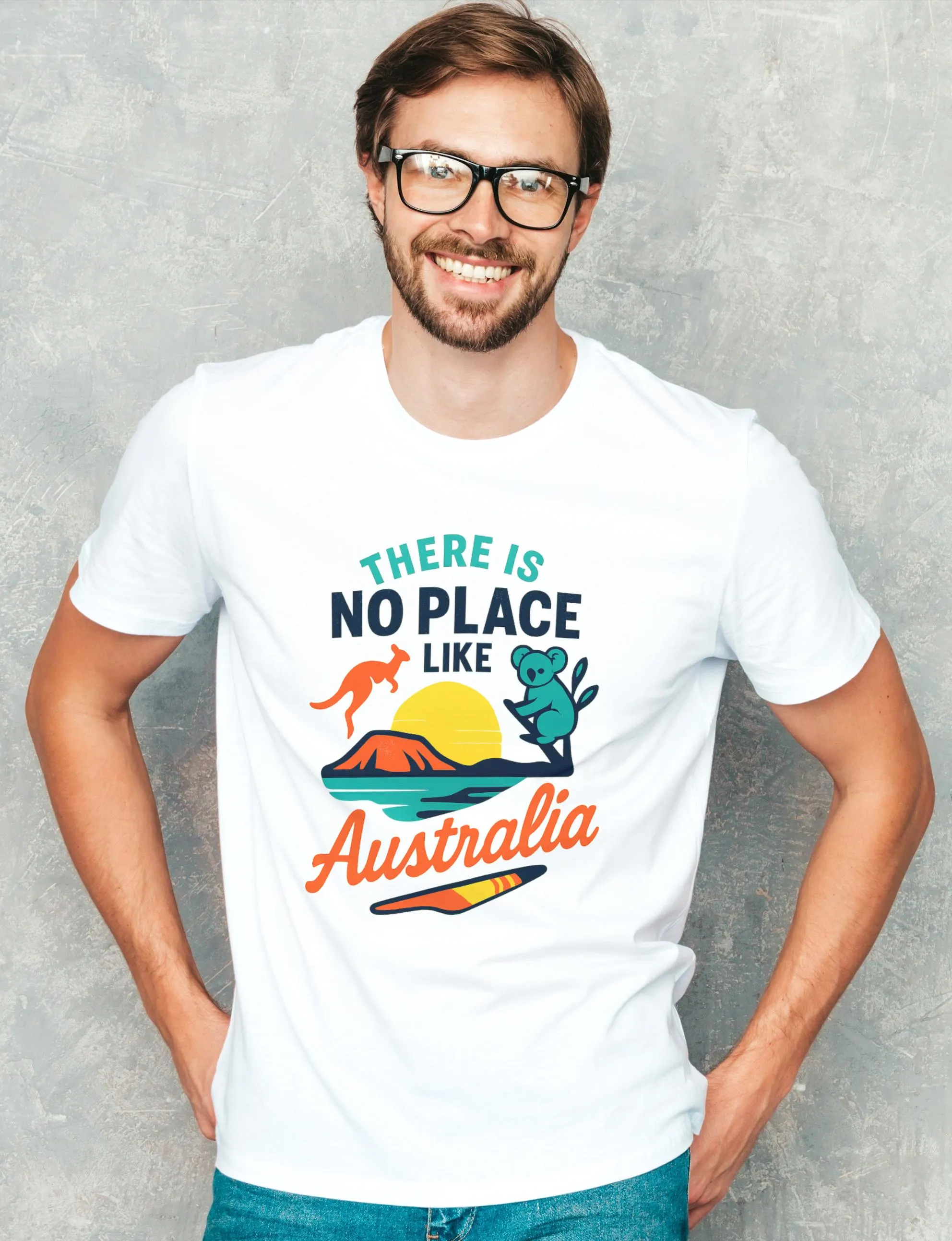 Celebrate your Aussie pride in style with our Aussie t-shirt printed with “There is No Place Like Australia” words along with Kangaroo, Koala, Uluru and Boomerang – a perfect blend of comfort, creativity, and culture. Whether you're a local legend or just visiting the land Down Under, this Australia t-shirt is a wearable reminder of everything that makes this country iconic. This Australian tee is available in wide range of sizes from XS to 5XL and available in multiple attractive color options.
