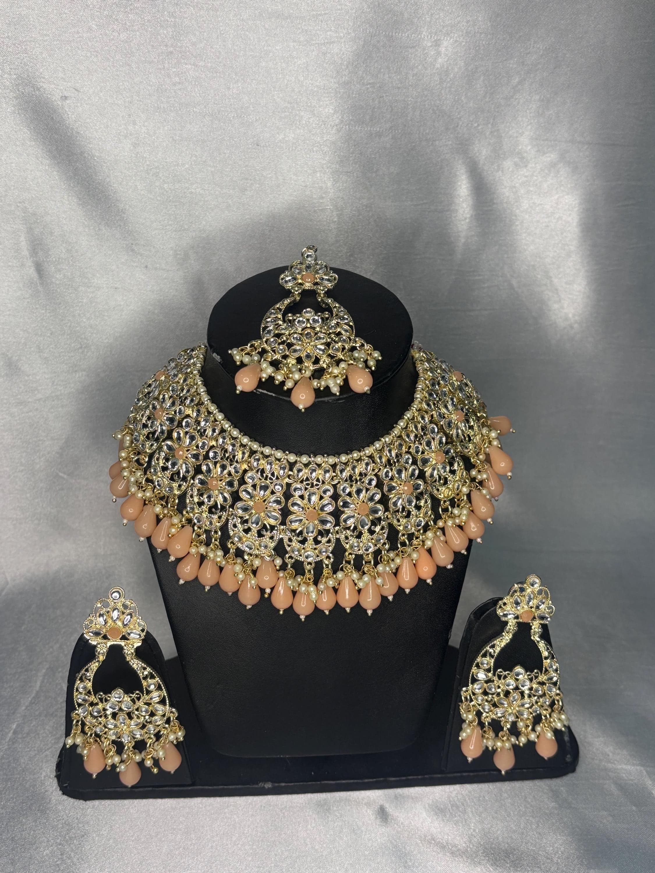 Peach Meenakari Bridal Jewellery Set with Earrings, Maang Tikka | Indian Wedding Necklace