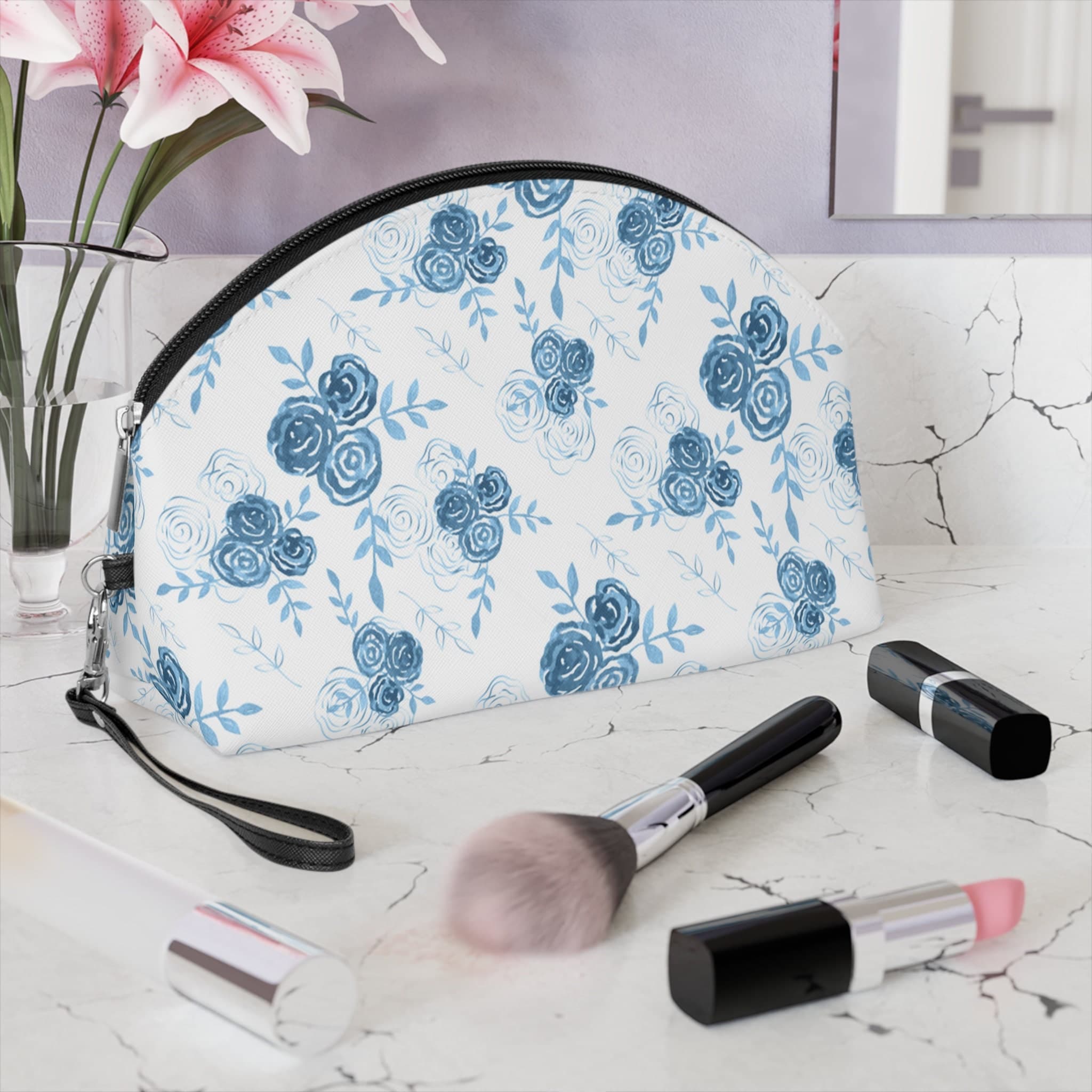 Coquette Makeup Bag, Beauty Bag, Floral Blue Pouch, Toiletry Women, Cosmetic, Travel, Cute Gift for Bride, Gift for Bridesmaid, Gift for Her