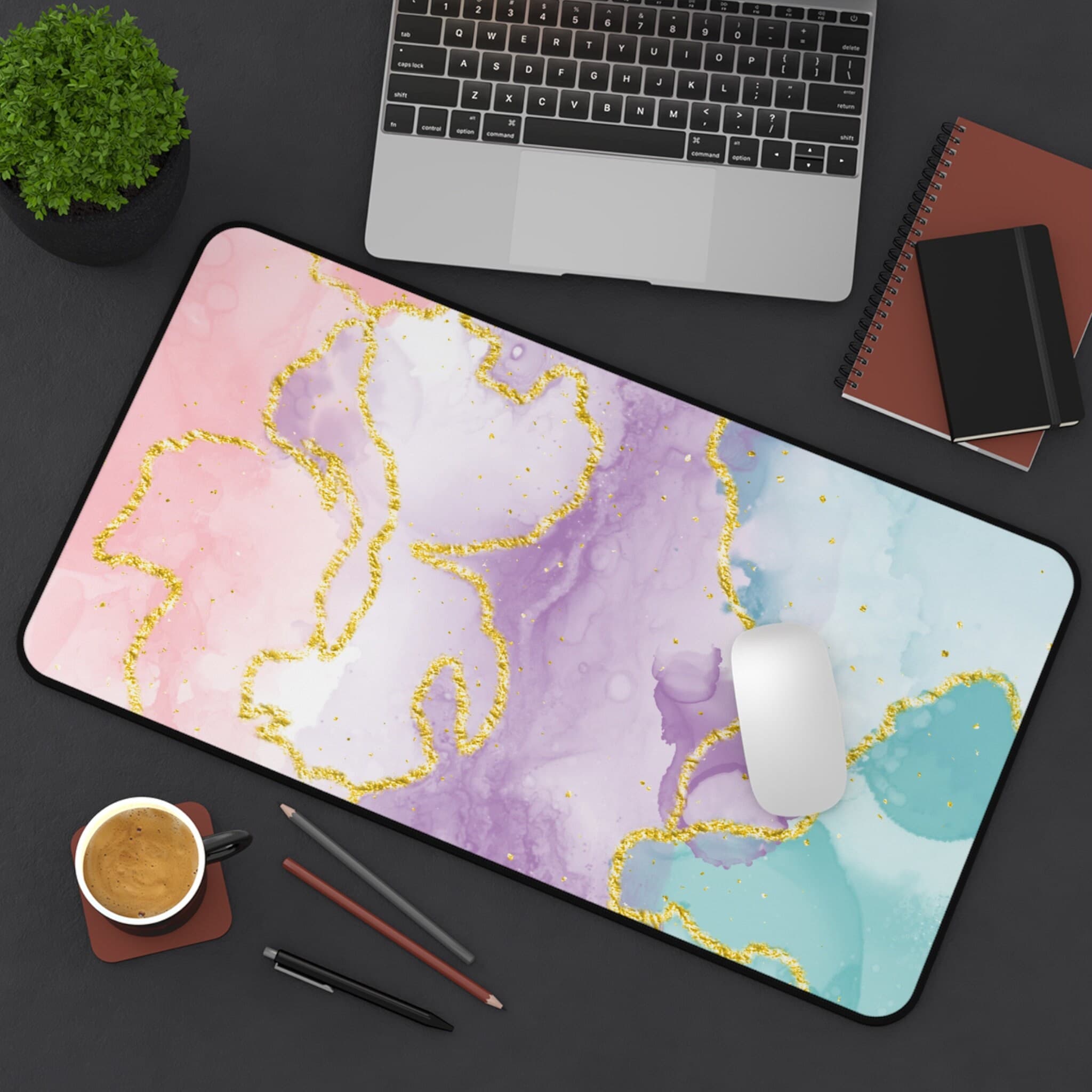 Pastel Blue Kawaii Desk Mat, Cute Boho Pink Aesthetic, Gaming, Green, Purple, Large, XL, Chic Office Decor - image 4