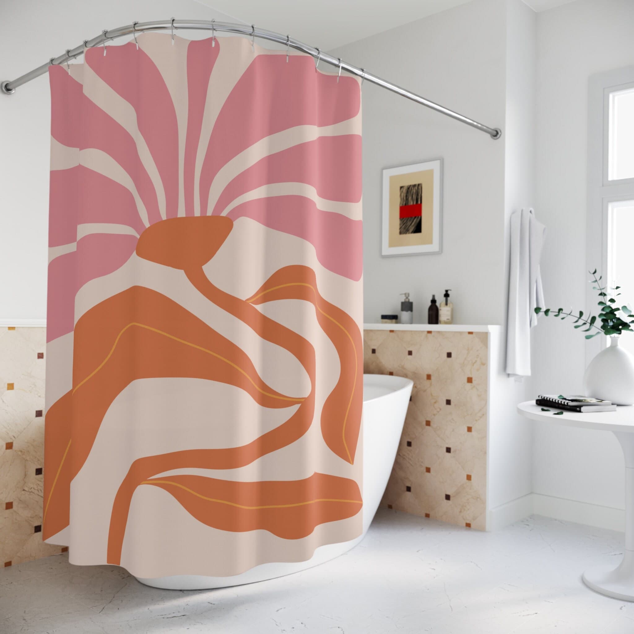 Boho Shower Curtain, Modern Abstract Aesthetic, Art Leaves Flower Waterproof Mid Century Bathroom Orange Pink Nature Plant Bathroom Decor