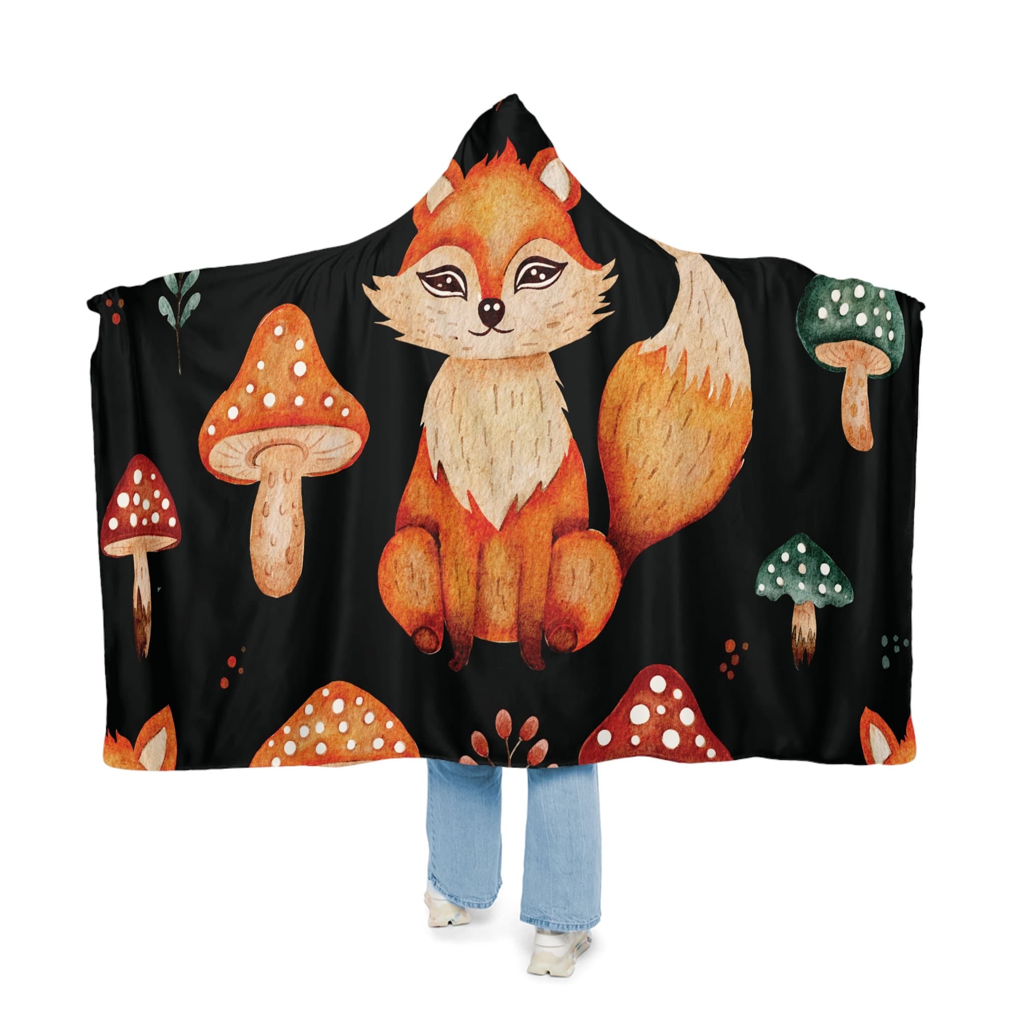 Mushroom Fox Hooded Blanket, Oversized Blanket Hoodie, Sherpa, Fleece, Adult Cape, Wearable Snuggle Throw, Gift for her, Christmas, Camping