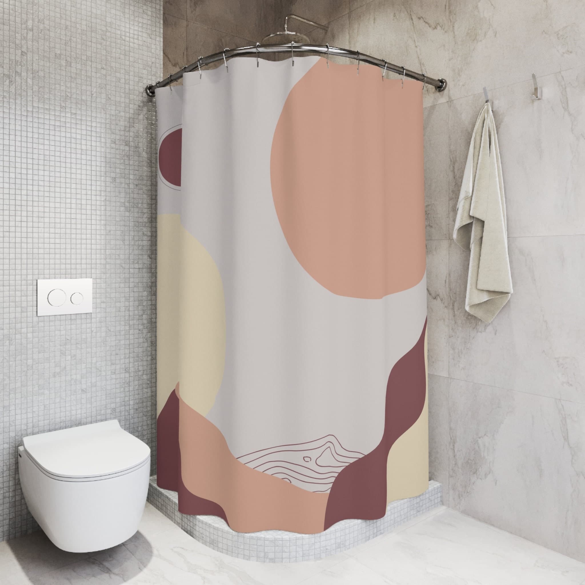 Boho Shower Curtain, Modern Abstract Aesthetic, Art Leaves Mountain Waterproof Mid Century Bathroom Yellow Pink Nature Plant Bathroom Decor - image 4
