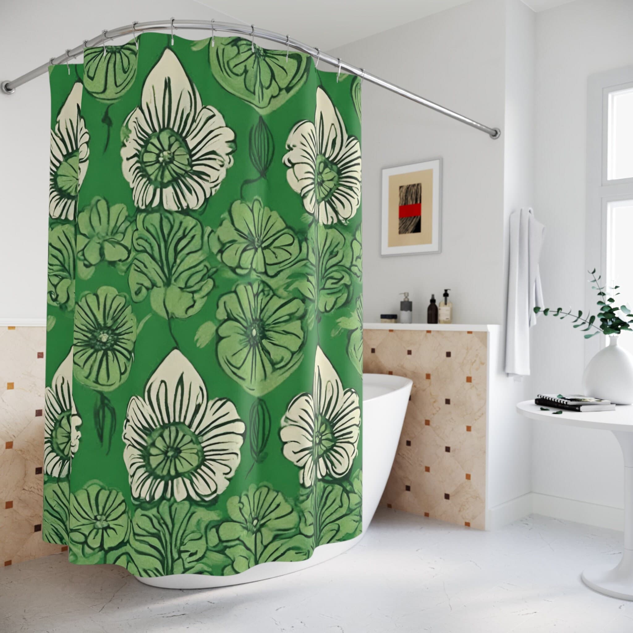 Boho Shower Curtain, Retro Floral Cute Green Bathroom Decor, Coquette Room, Waterproof, Modern, Abstract, Aesthetic, Art Leaves Nature