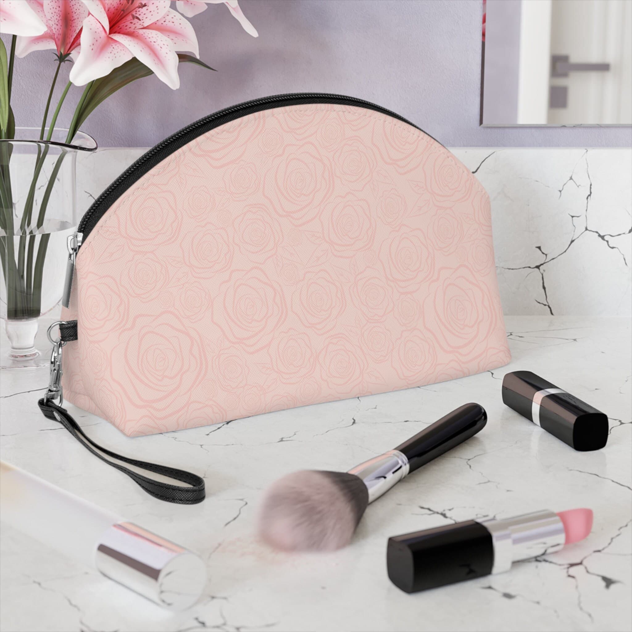 Coquette Makeup Bag, Floral Rose Pouch, Toiletry Women, Cosmetic, Faux Leather, Cute Pink Gift for Bride, Gift for Bridesmaid, Gift for Her