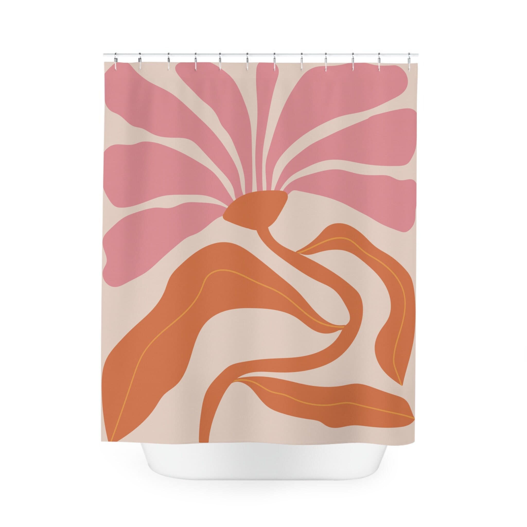 Boho Shower Curtain, Modern Abstract Aesthetic, Art Leaves Flower Waterproof Mid Century Bathroom Orange Pink Nature Plant Bathroom Decor - image 3