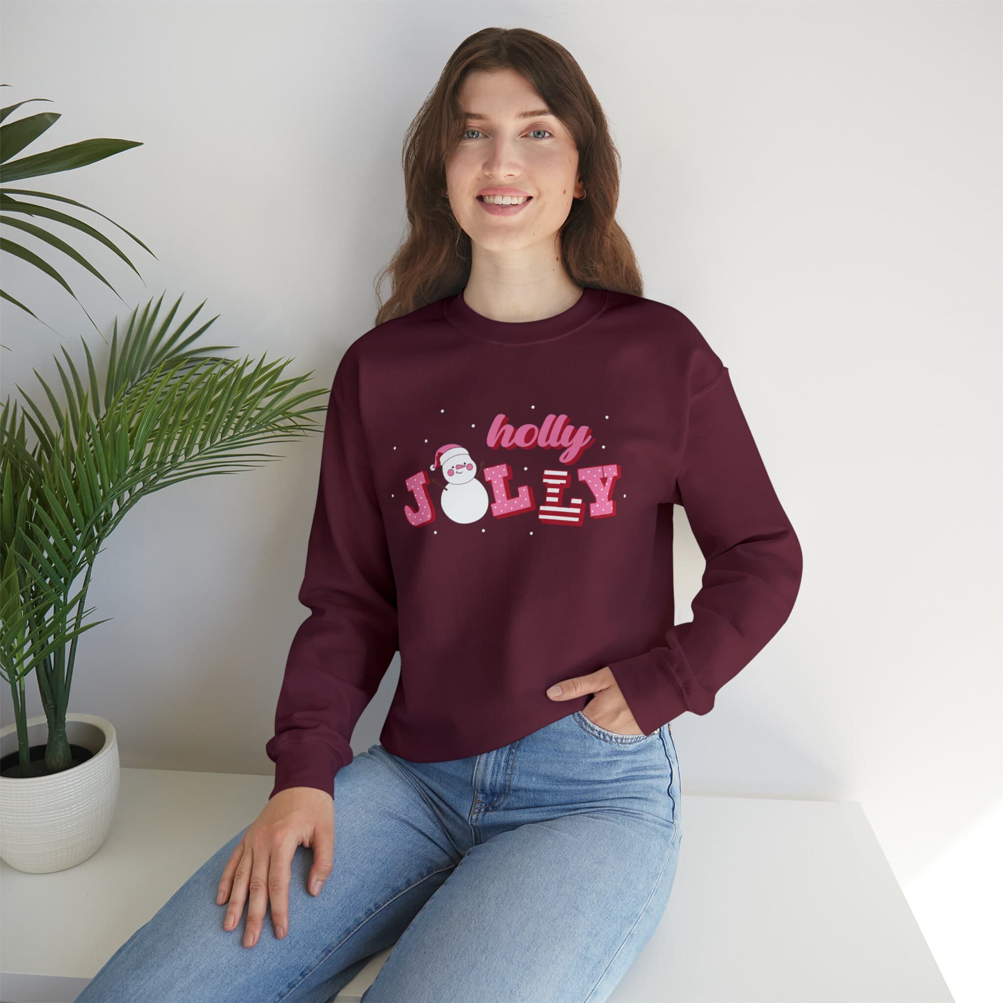 Pink Christmas Holly Jolly Crewneck Sweatshirt Pullover Holiday Snowman Cozy Red Burgundy Sweater Funny Women Retro - image 4