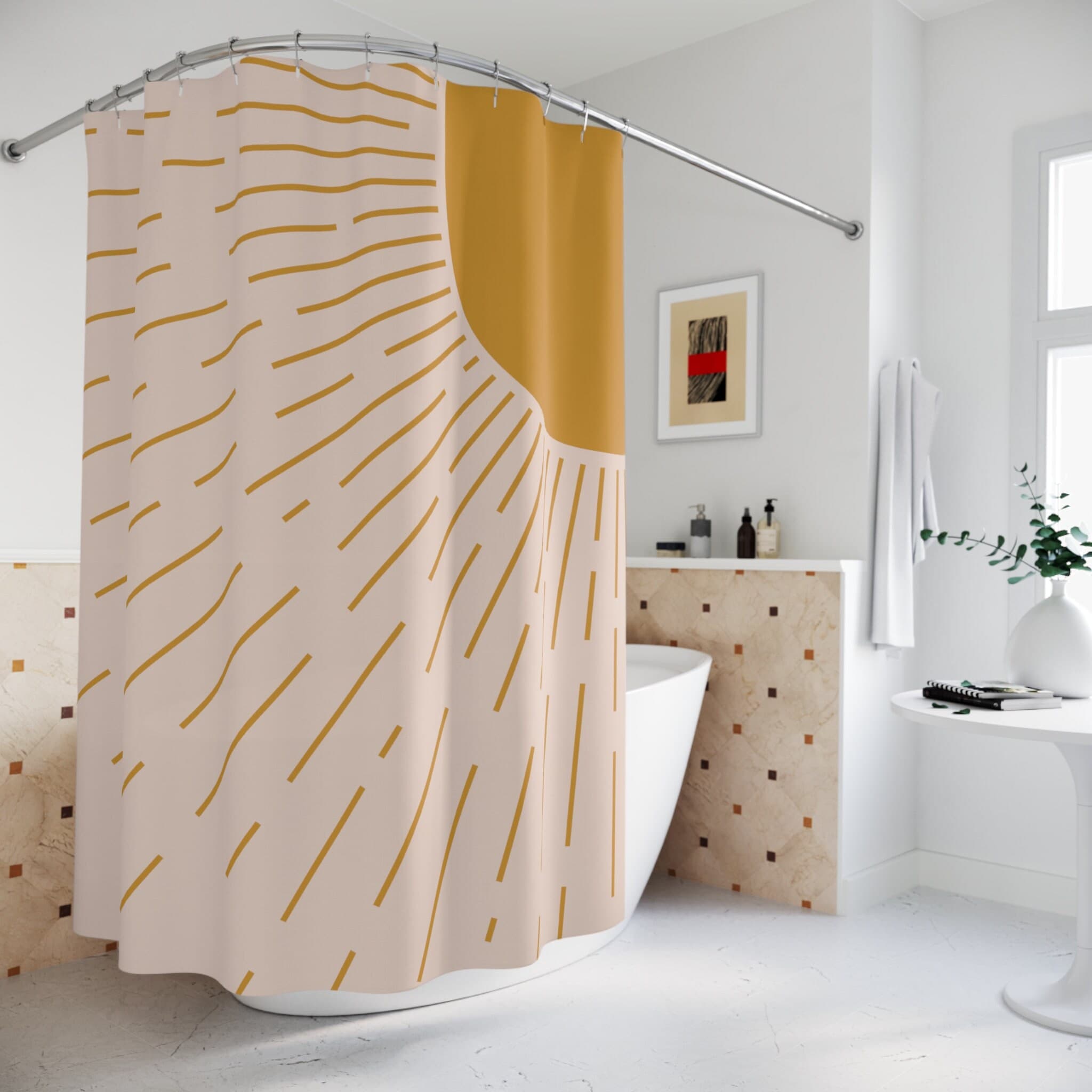 Boho Shower Curtain, Modern Abstract Aesthetic, Art Leaves Sun Waterproof Mid Century Bathroom Curtain Yellow Nature Plant Bathroom Decor