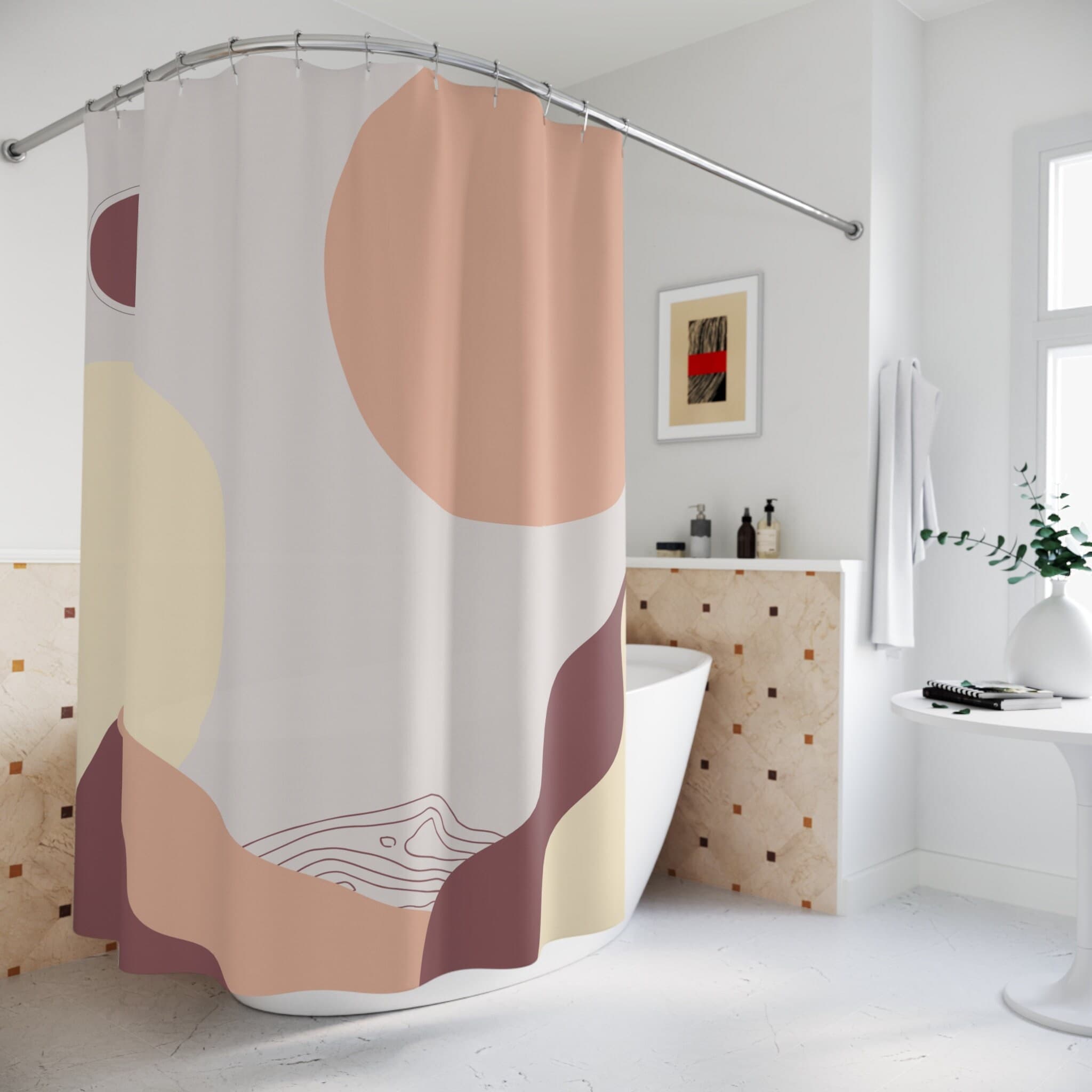Boho Shower Curtain, Modern Abstract Aesthetic, Art Leaves Mountain Waterproof Mid Century Bathroom Yellow Pink Nature Plant Bathroom Decor